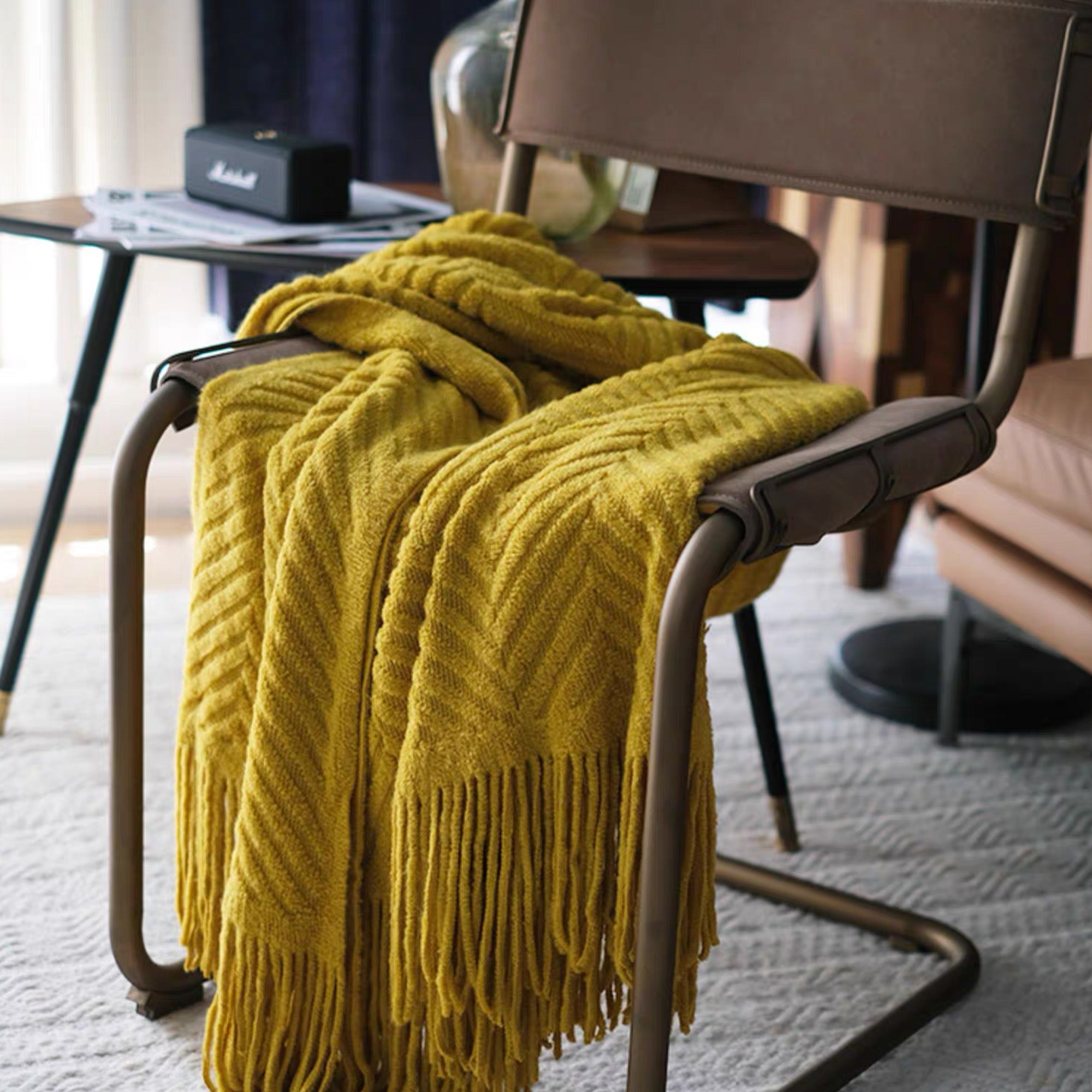 Textured Geometric Throw Blanket with Fringe