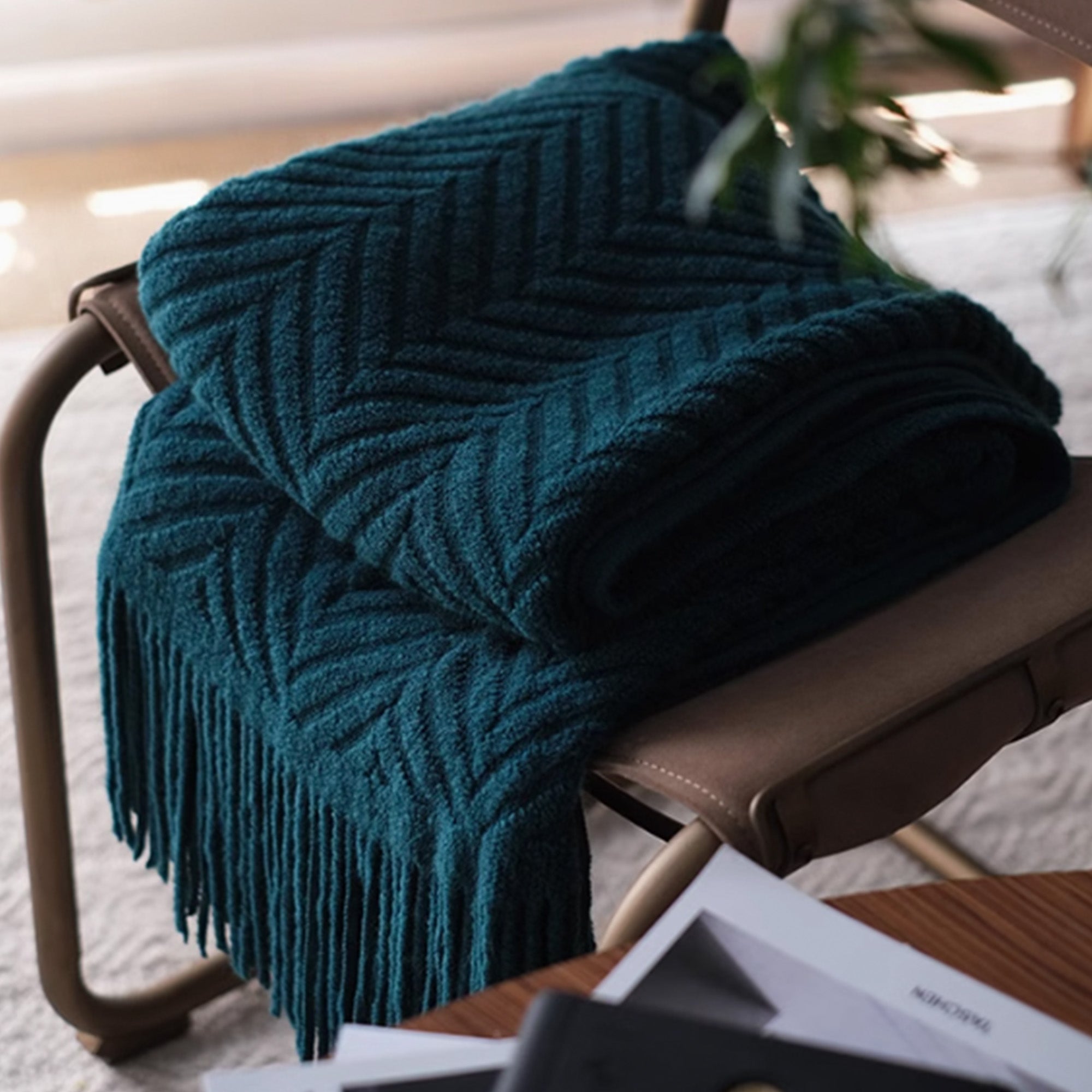 Textured Geometric Throw Blanket with Fringe