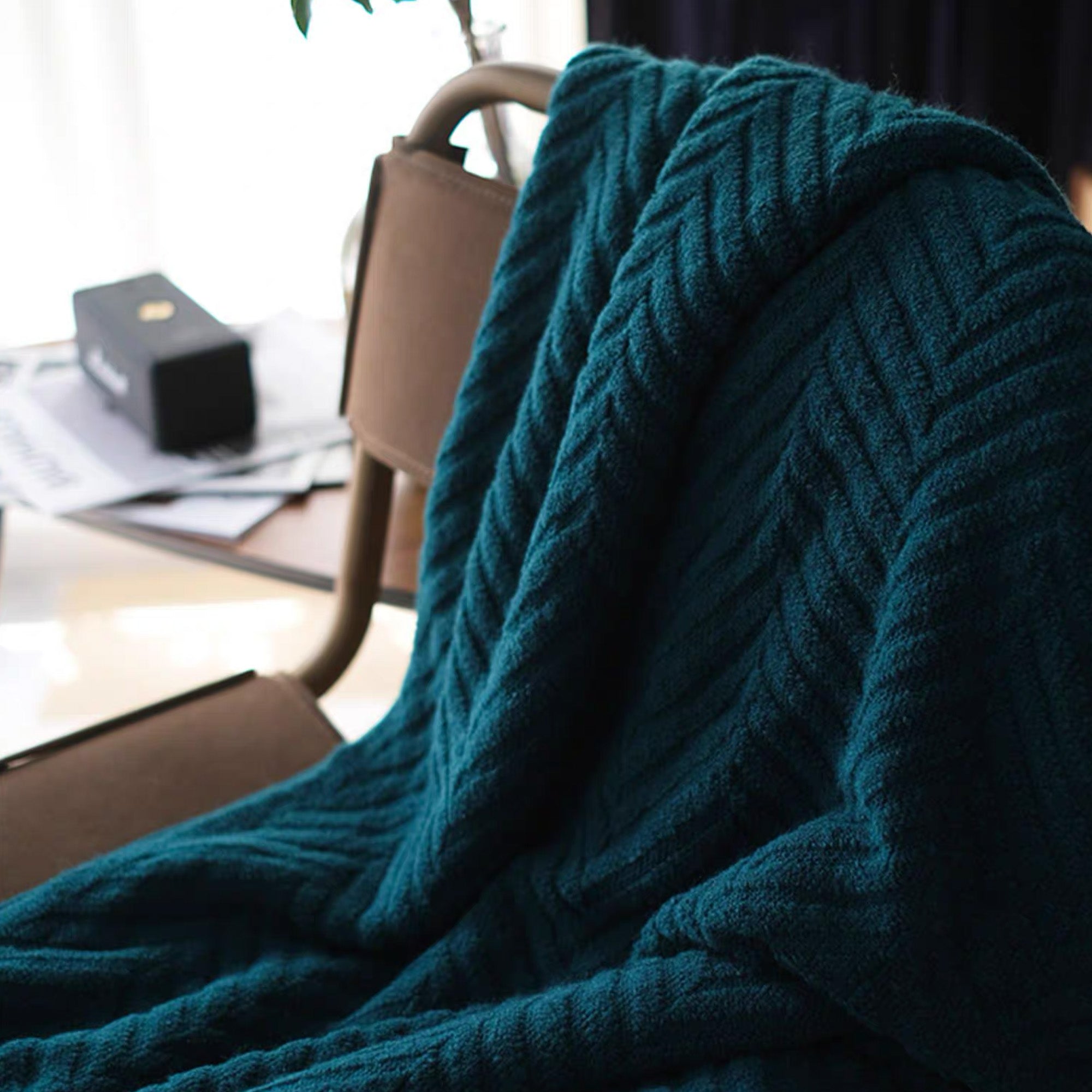 Textured Geometric Throw Blanket with Fringe