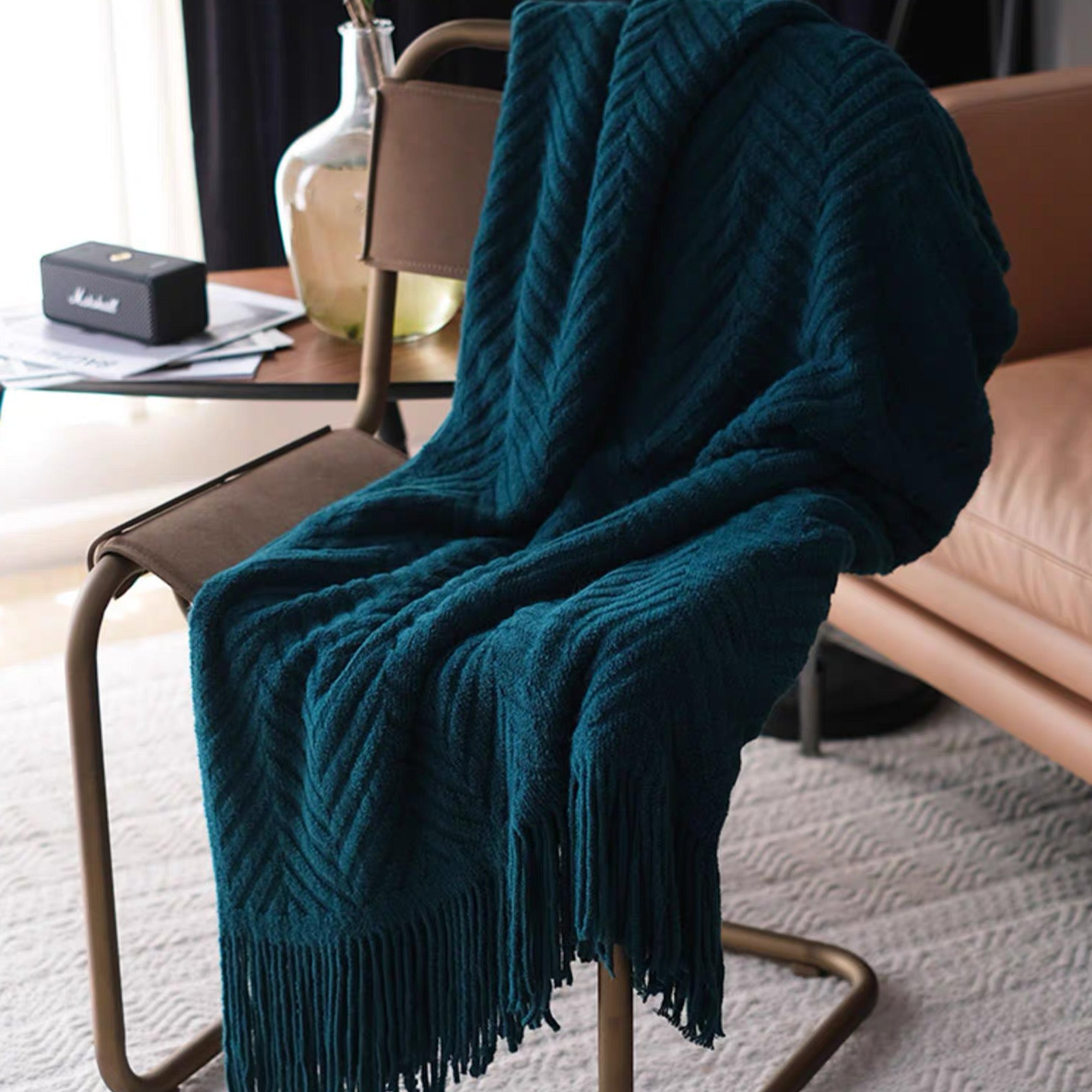 Textured Geometric Throw Blanket with Fringe