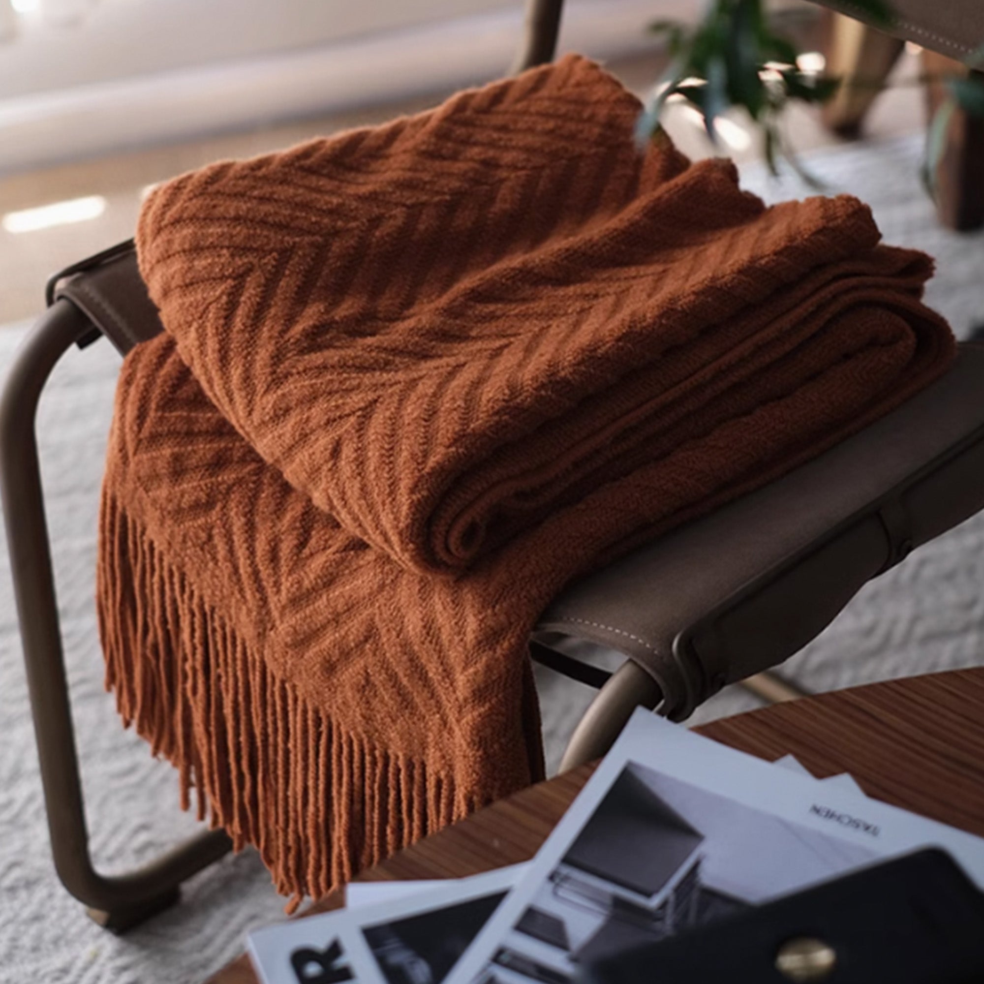 Textured Geometric Throw Blanket with Fringe