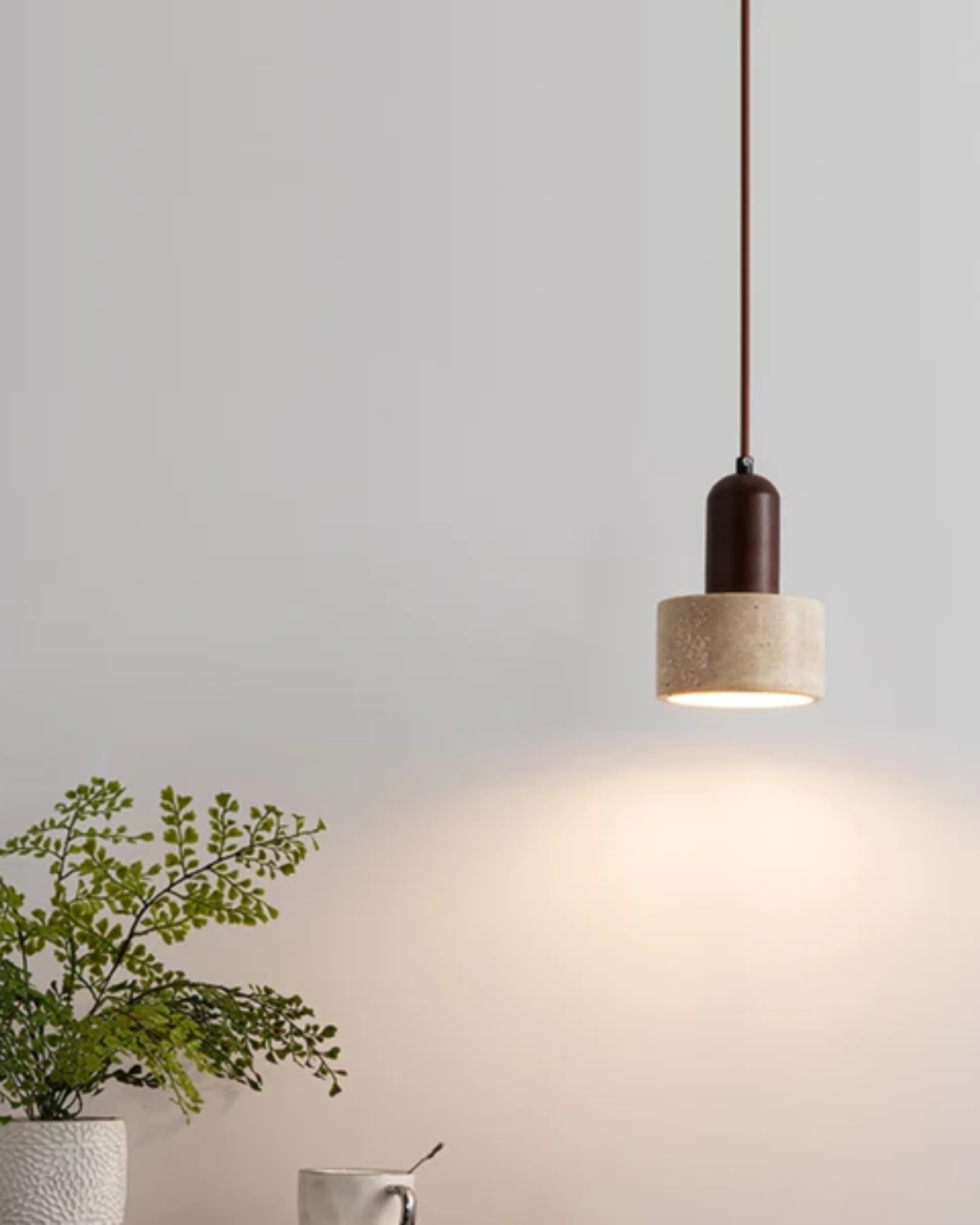 Travertine Stone Wood Cylinder Pendant Light