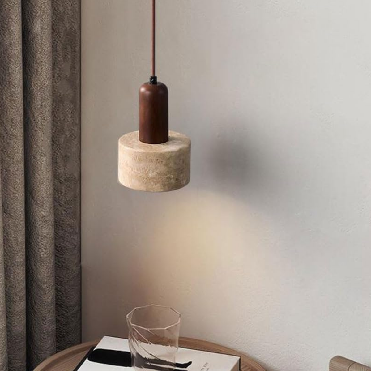 Travertine Stone Wood Cylinder Pendant Light