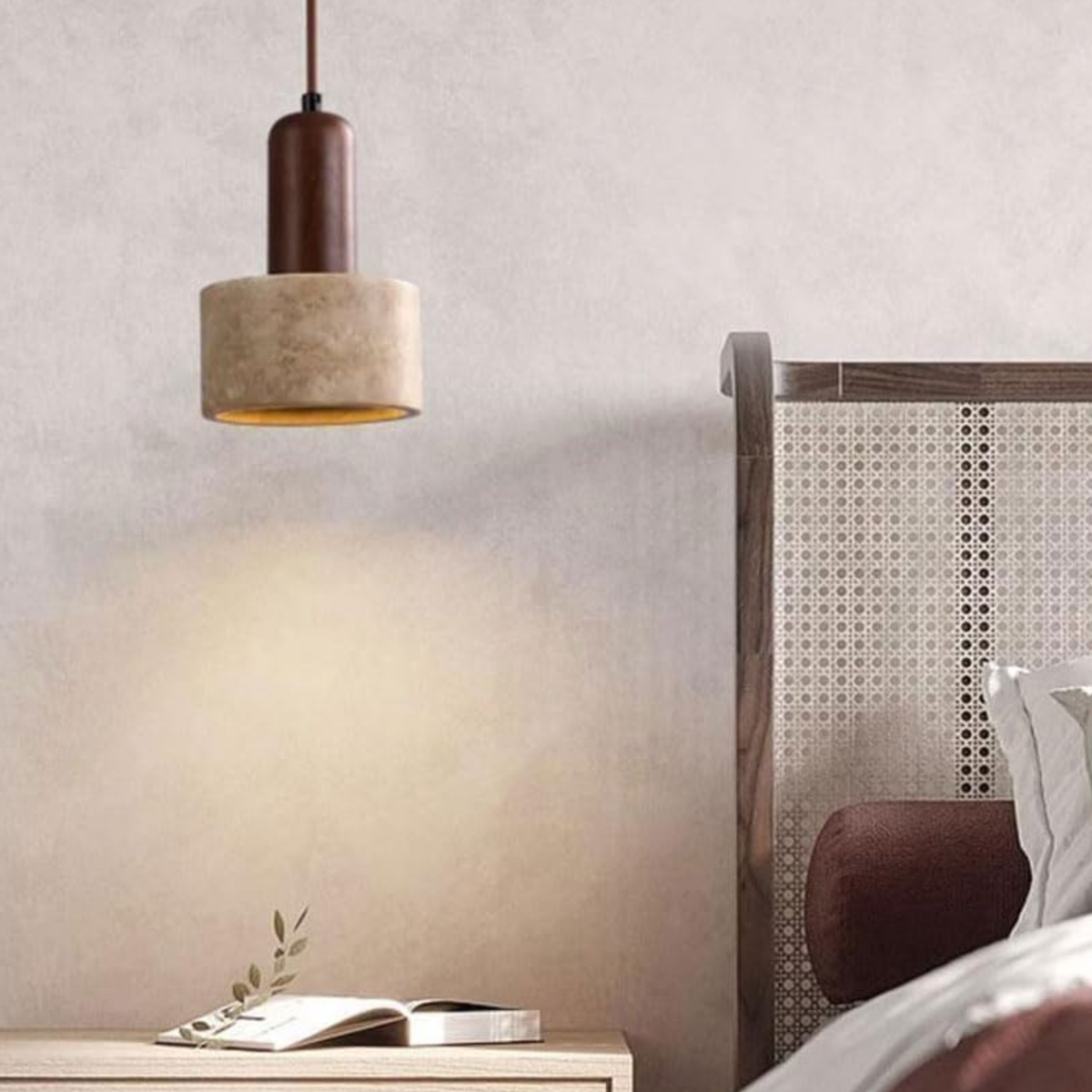 Travertine Stone Wood Cylinder Pendant Light