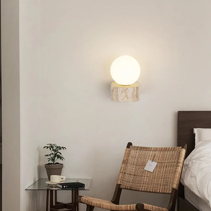 Travertine Wall Sconce with Round Glass Globe