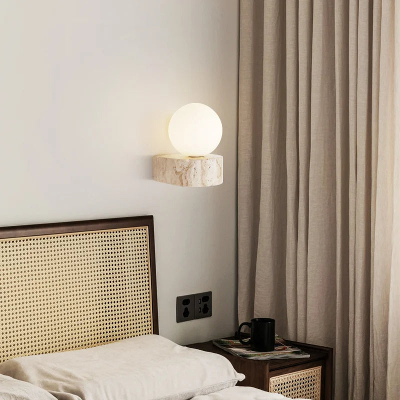 Travertine Wall Sconce with Round Glass Globe
