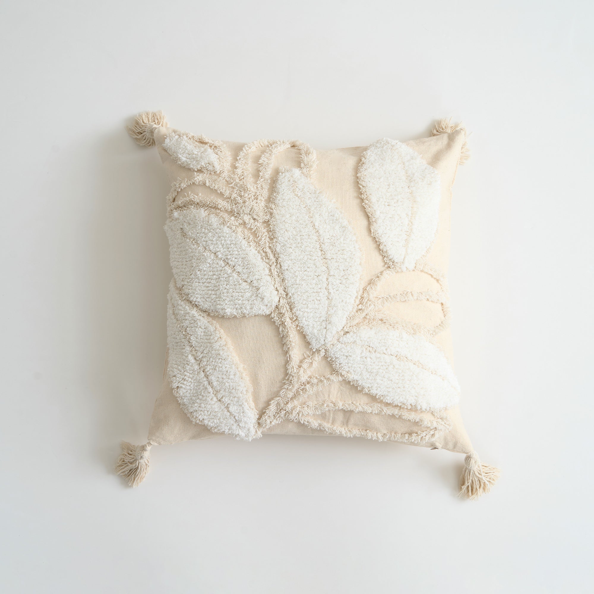 Tufted Leaf Cushion Cover with Tassel Corners