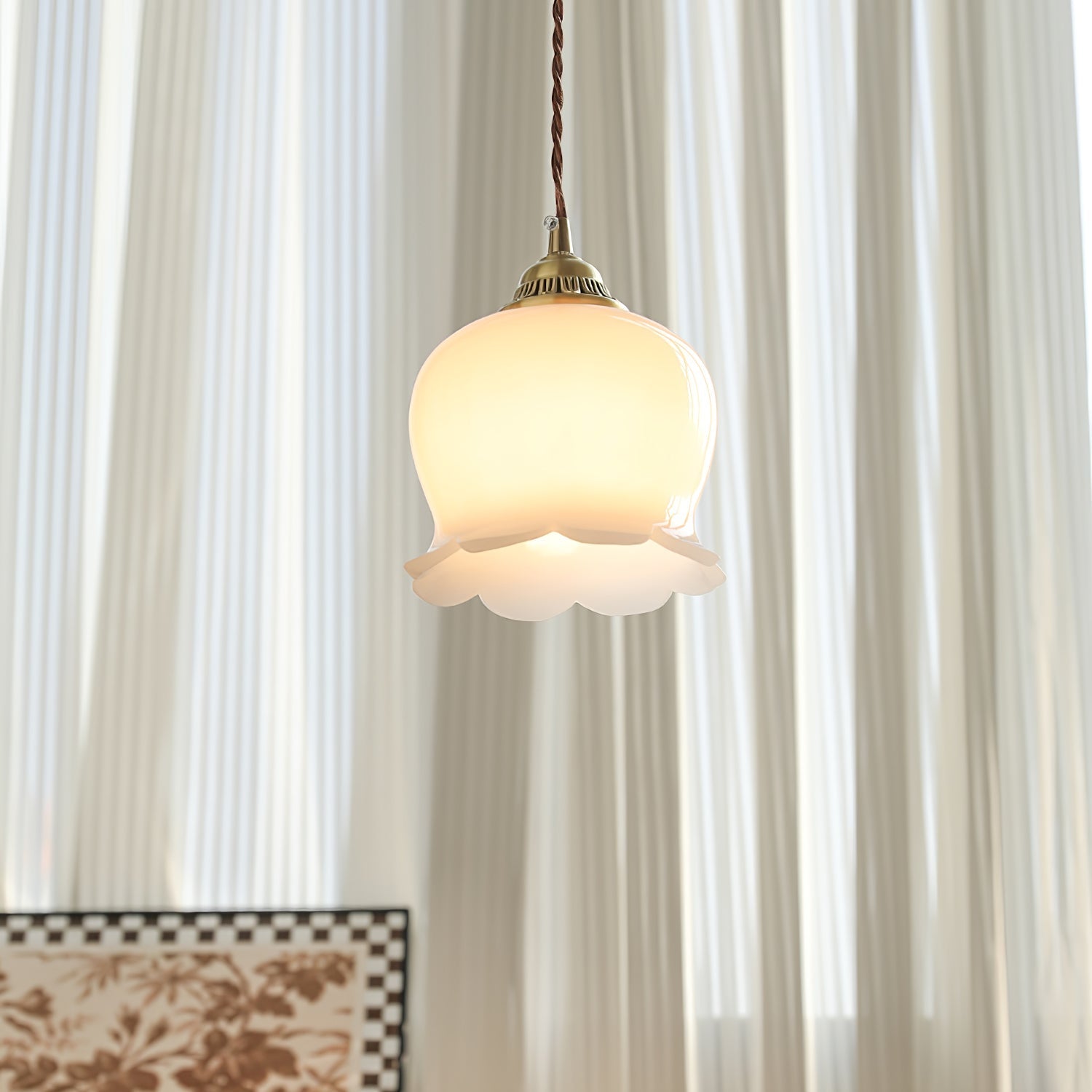 Vintage Brass Petal Glass Pendant Light Fixture