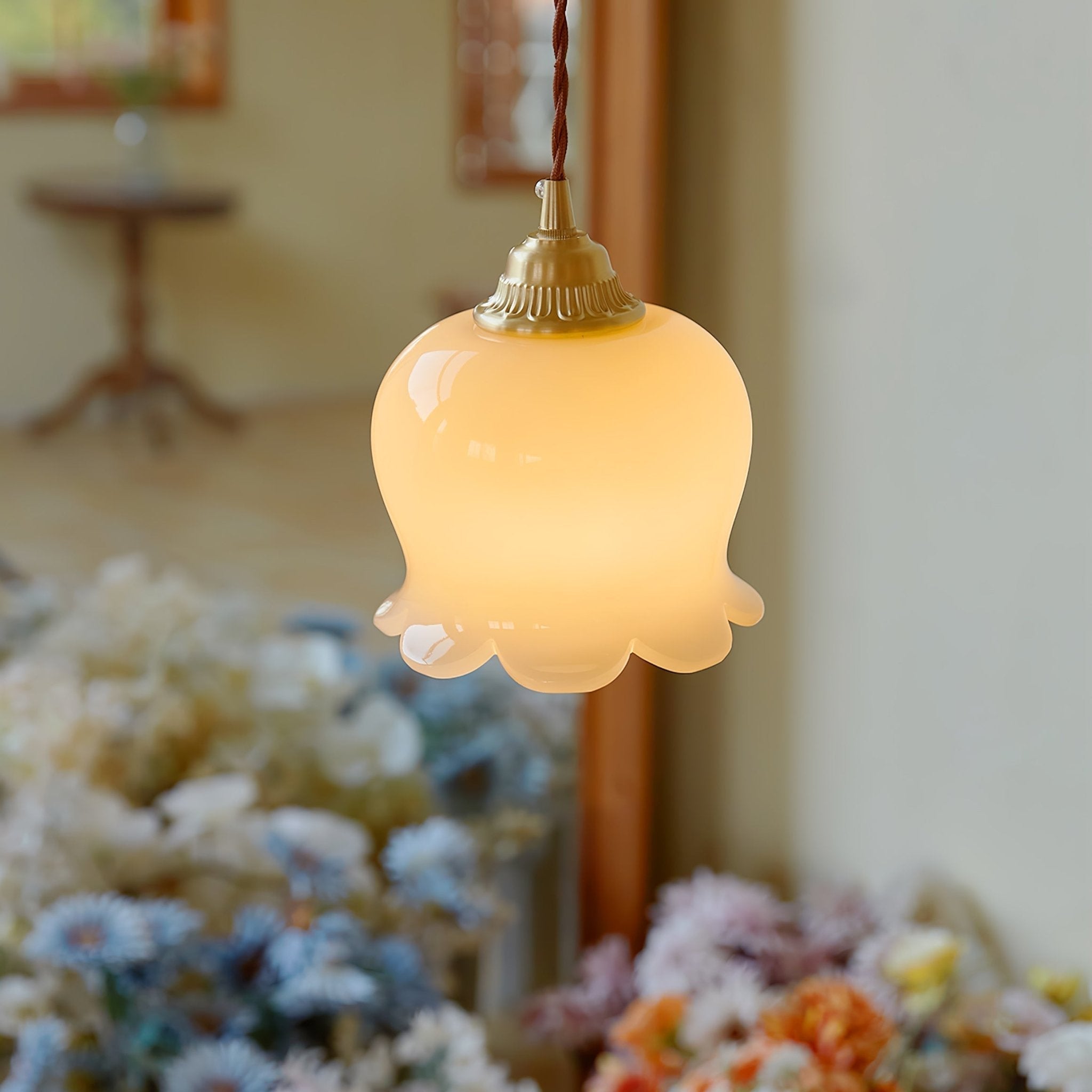 Vintage Brass Petal Glass Pendant Light Fixture