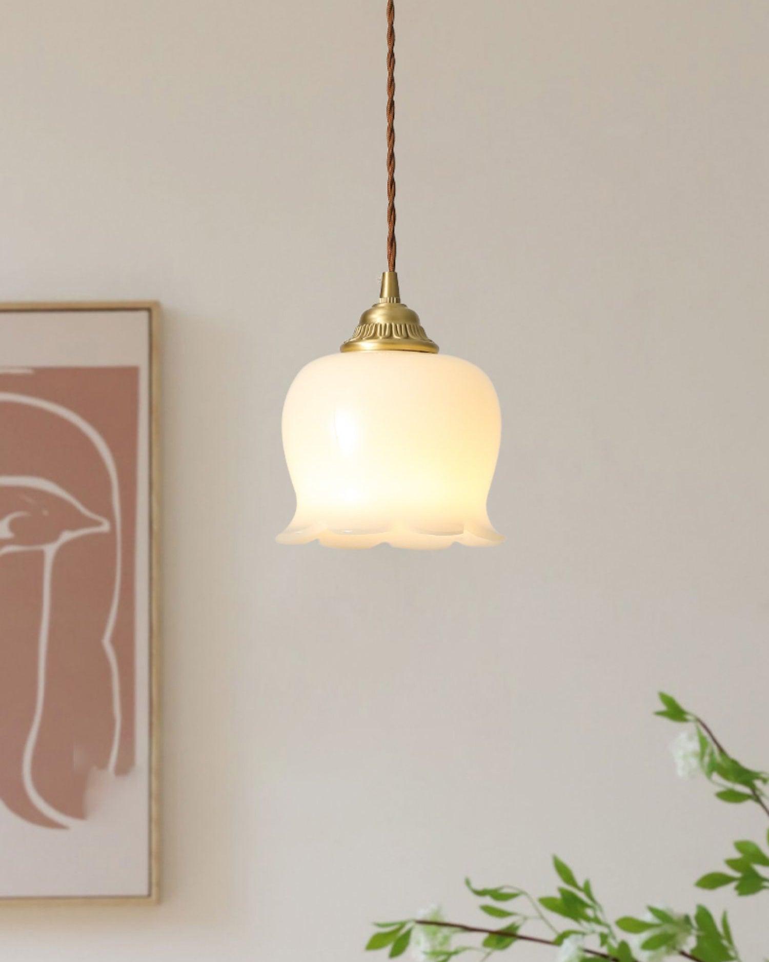 Vintage Brass Petal Glass Pendant Light Fixture