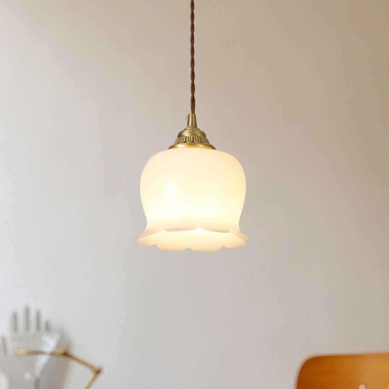 Vintage Brass Petal Glass Pendant Light Fixture