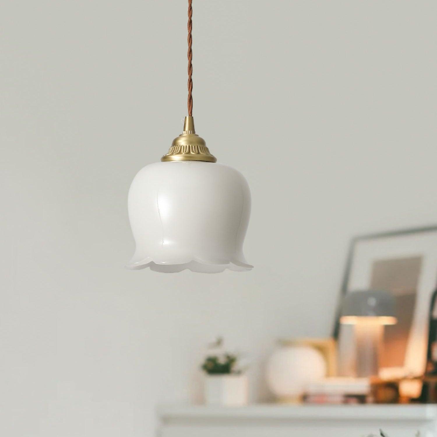 Vintage Brass Petal Glass Pendant Light Fixture