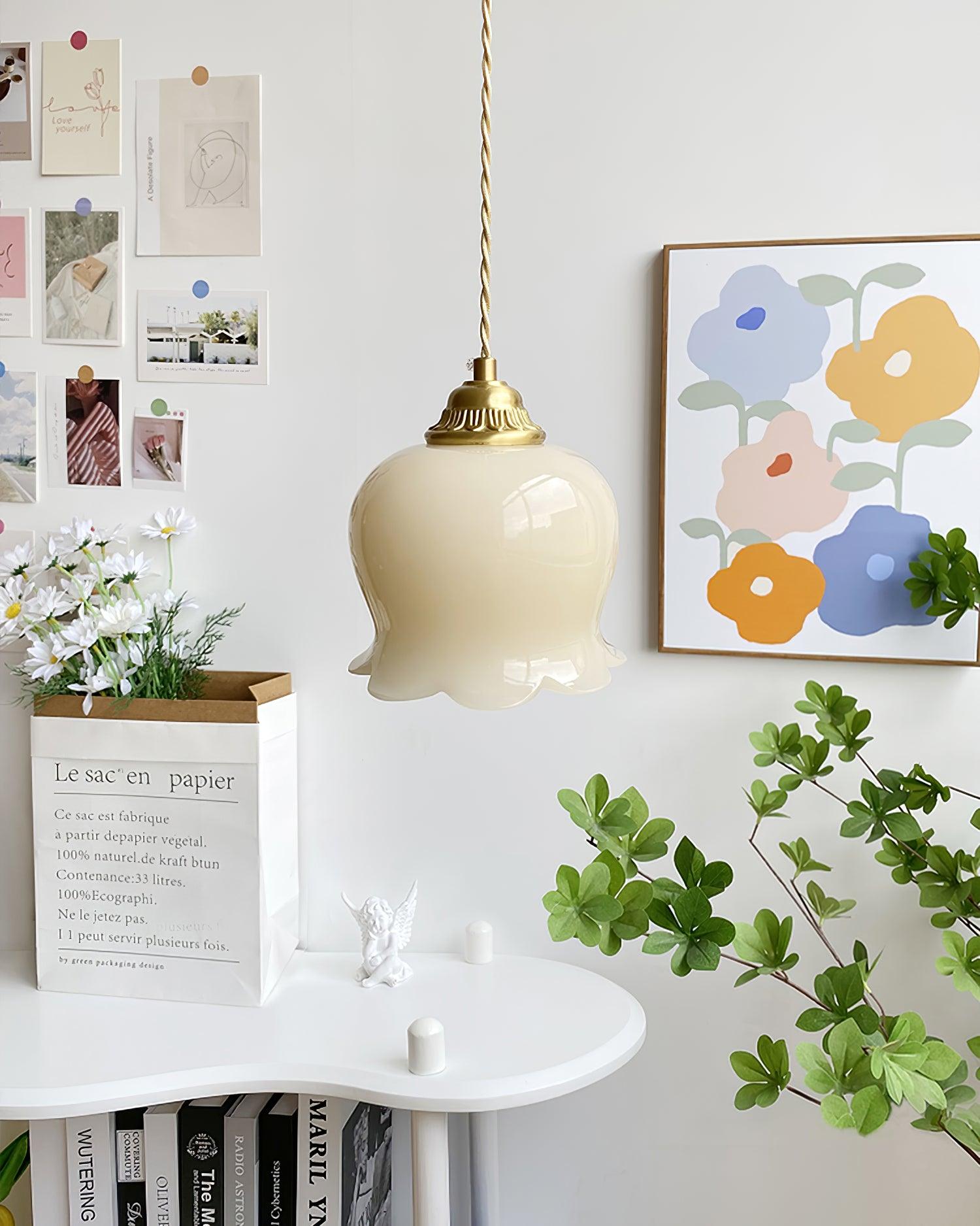 Vintage Brass Petal Glass Pendant Light Fixture