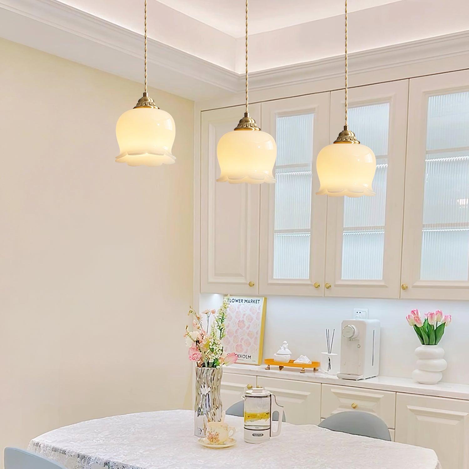 Vintage Brass Petal Glass Pendant Light Fixture