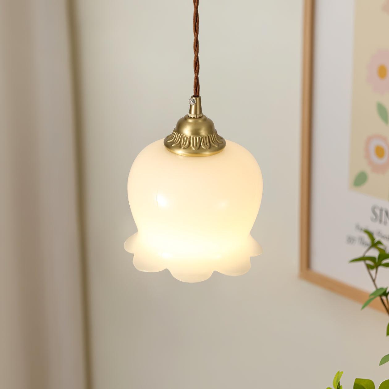 Vintage Brass Petal Glass Pendant Light Fixture