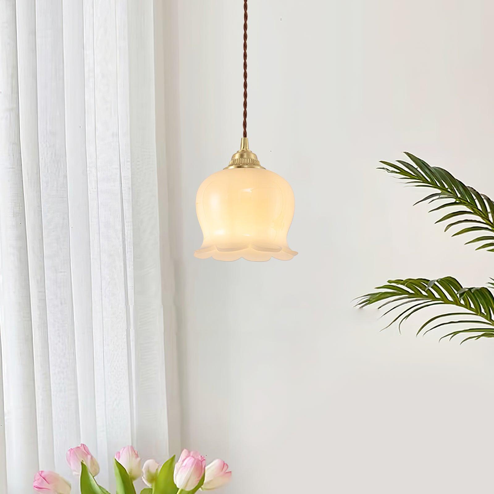 Vintage Brass Petal Glass Pendant Light Fixture