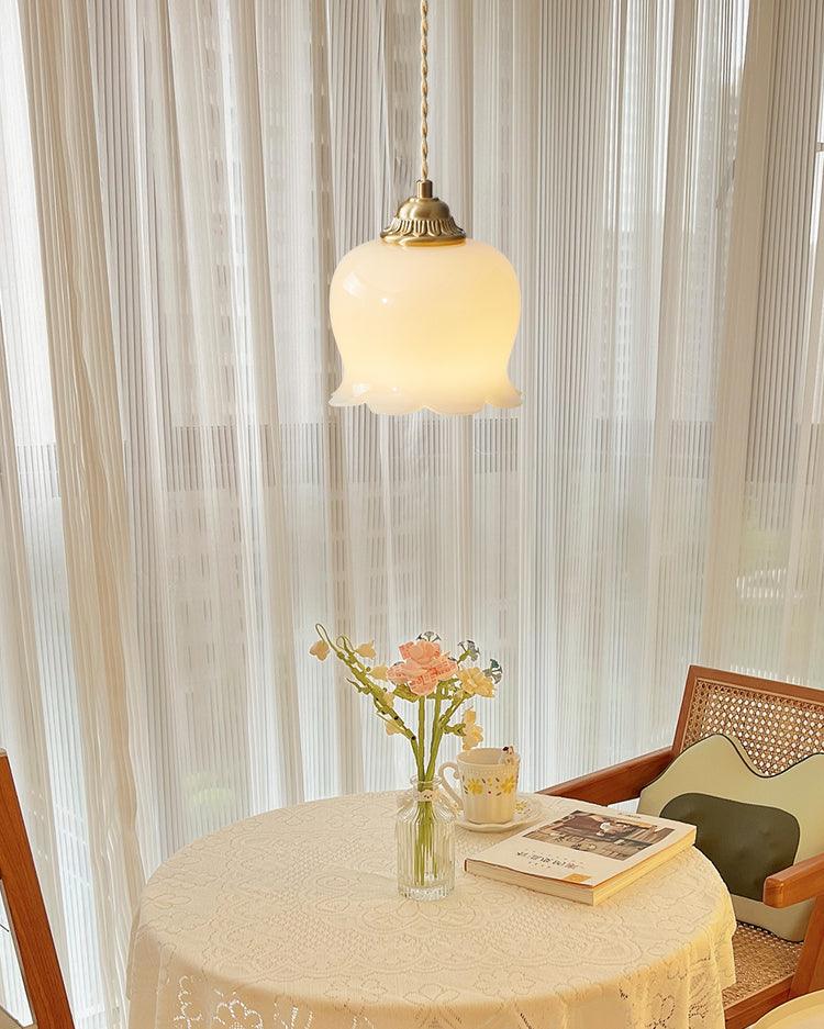 Vintage Brass Petal Glass Pendant Light Fixture