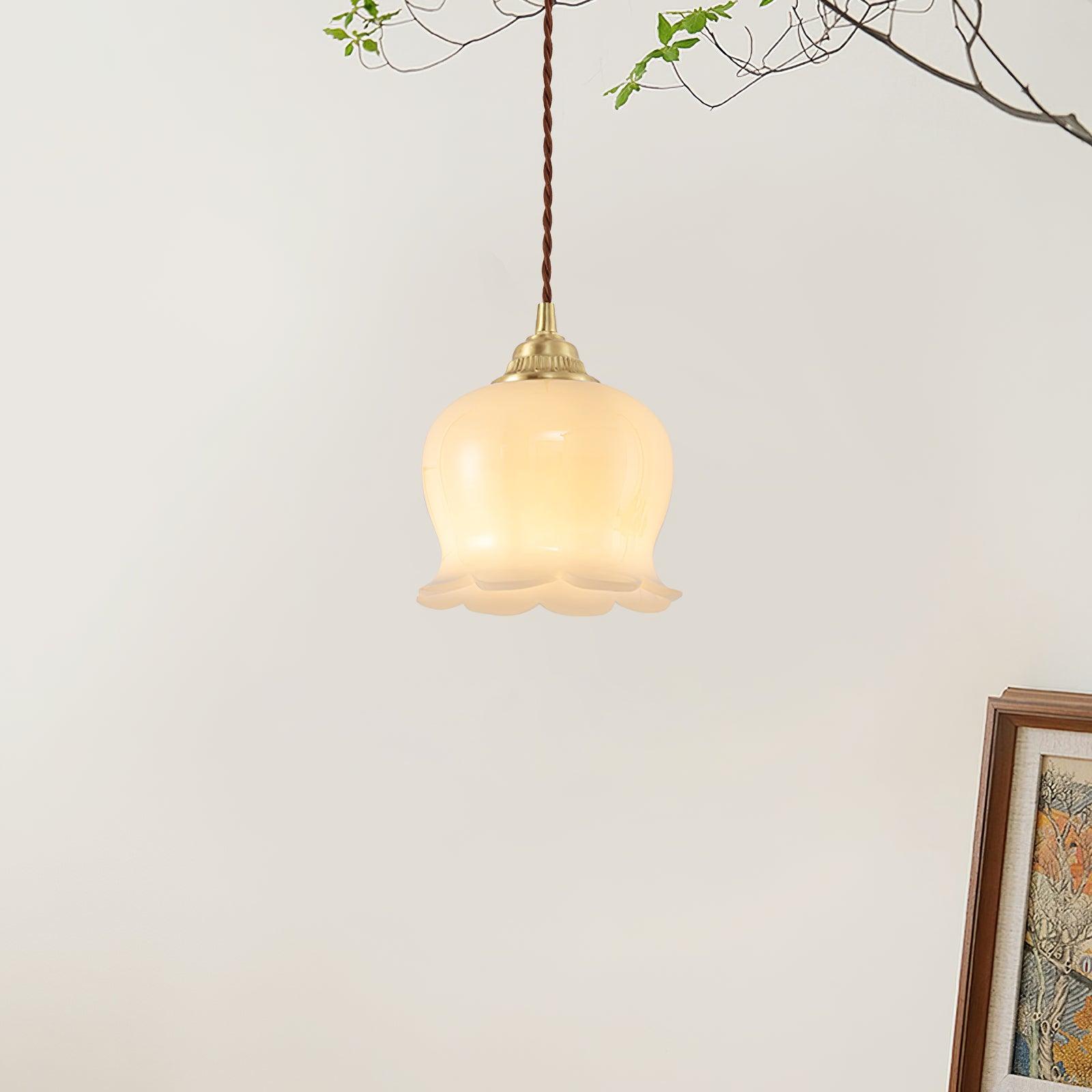 Vintage Brass Petal Glass Pendant Light Fixture