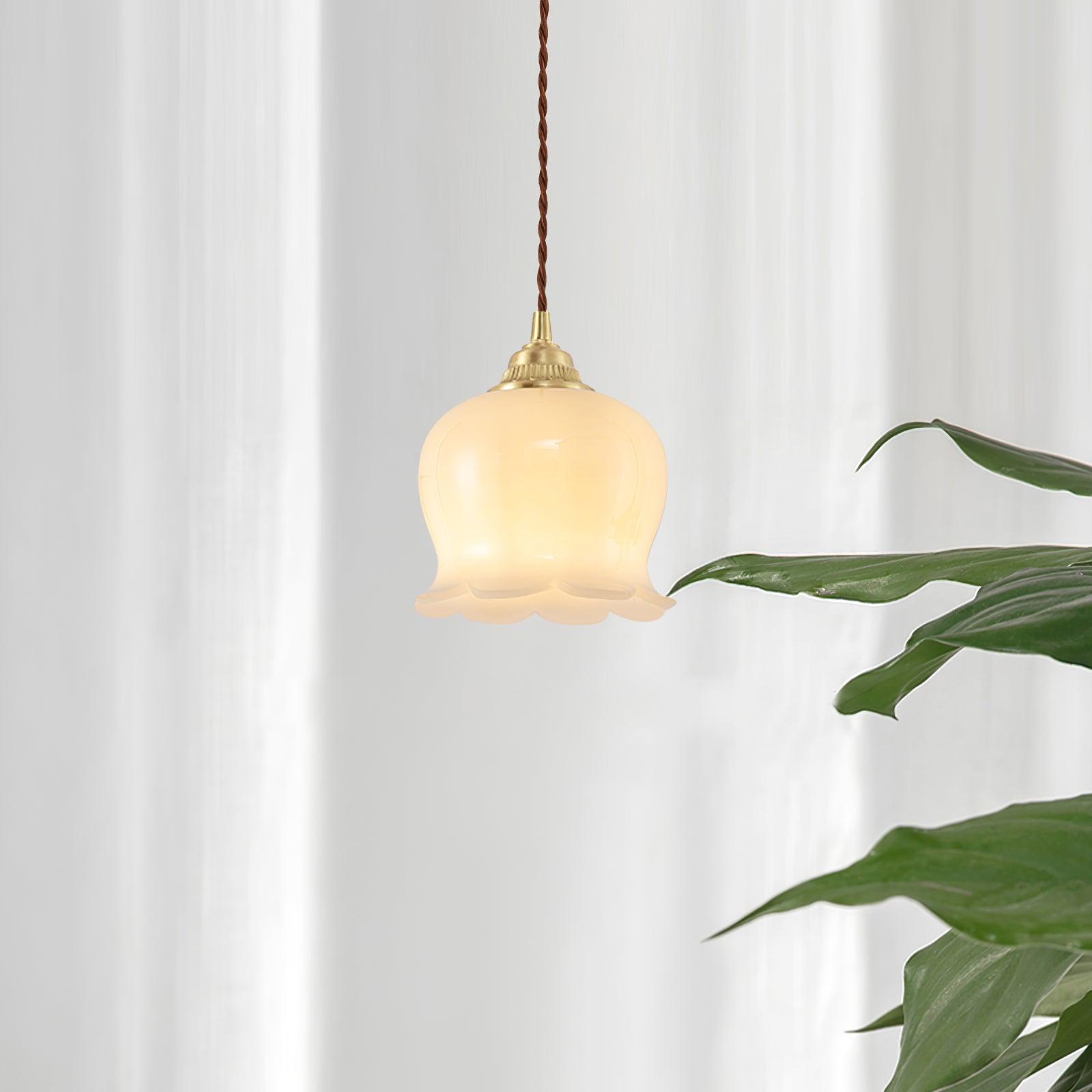Vintage Brass Petal Glass Pendant Light Fixture