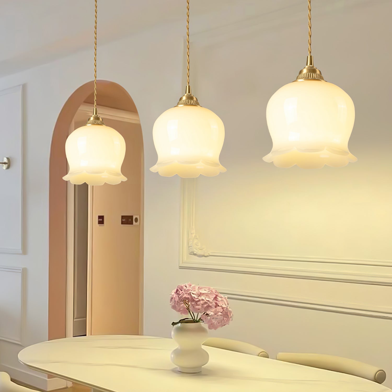 Vintage Brass Petal Glass Pendant Light Fixture