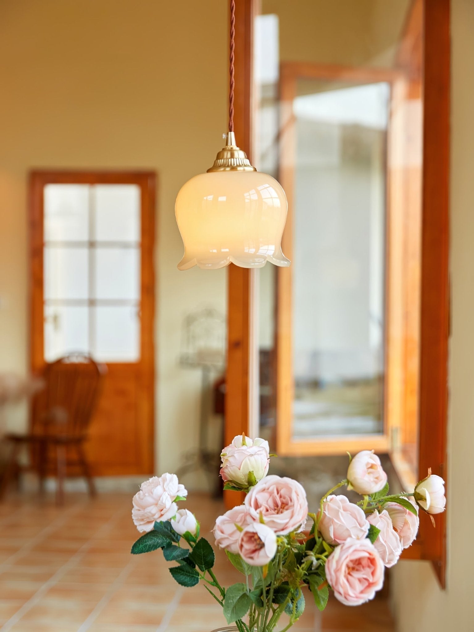 Vintage Brass Petal Glass Pendant Light Fixture