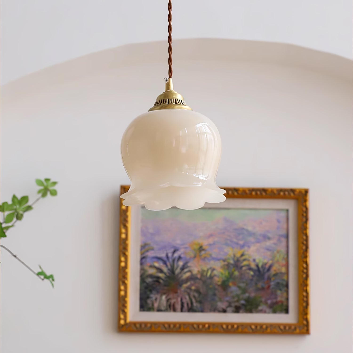 Vintage Brass Petal Glass Pendant Light Fixture