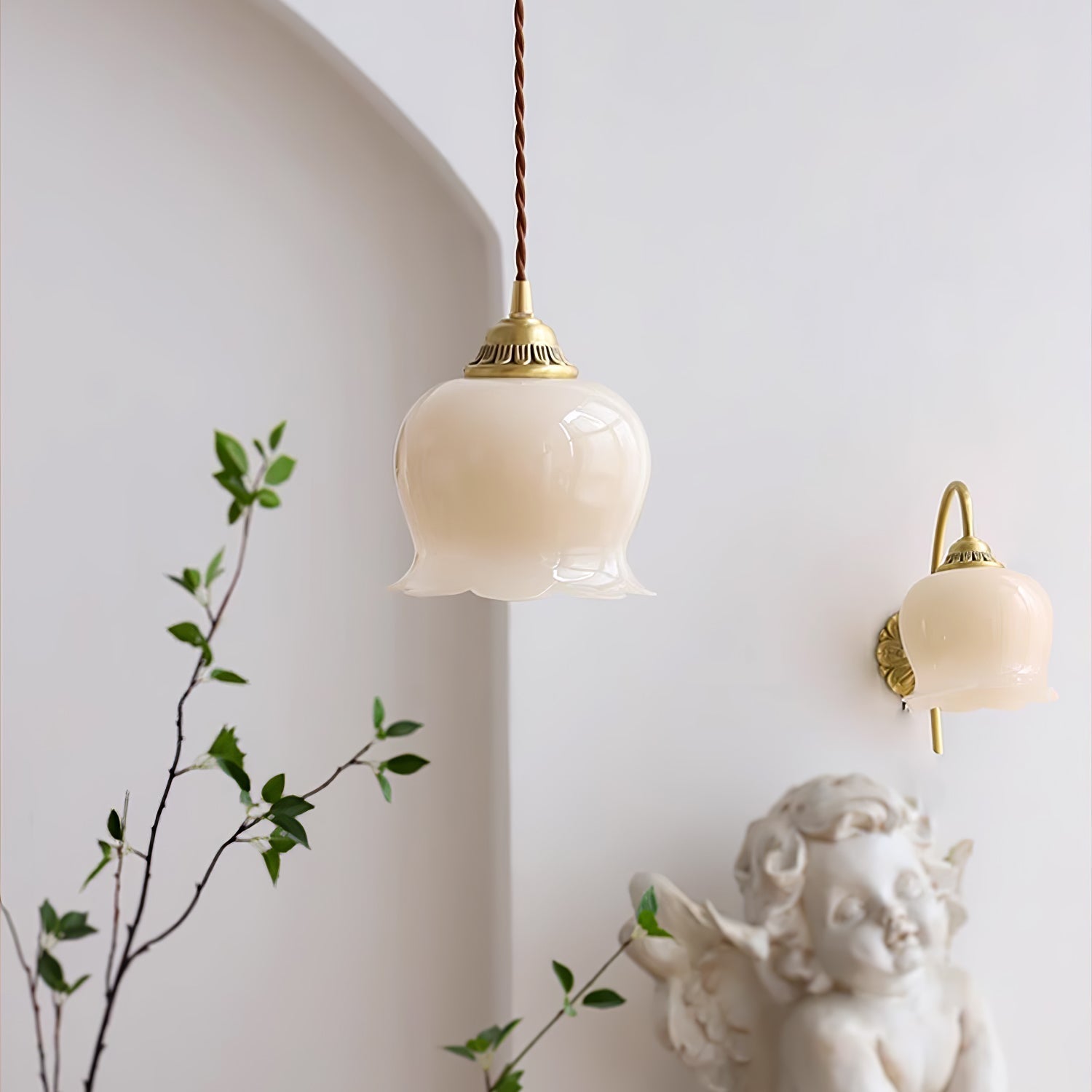 Vintage Brass Petal Glass Pendant Light Fixture