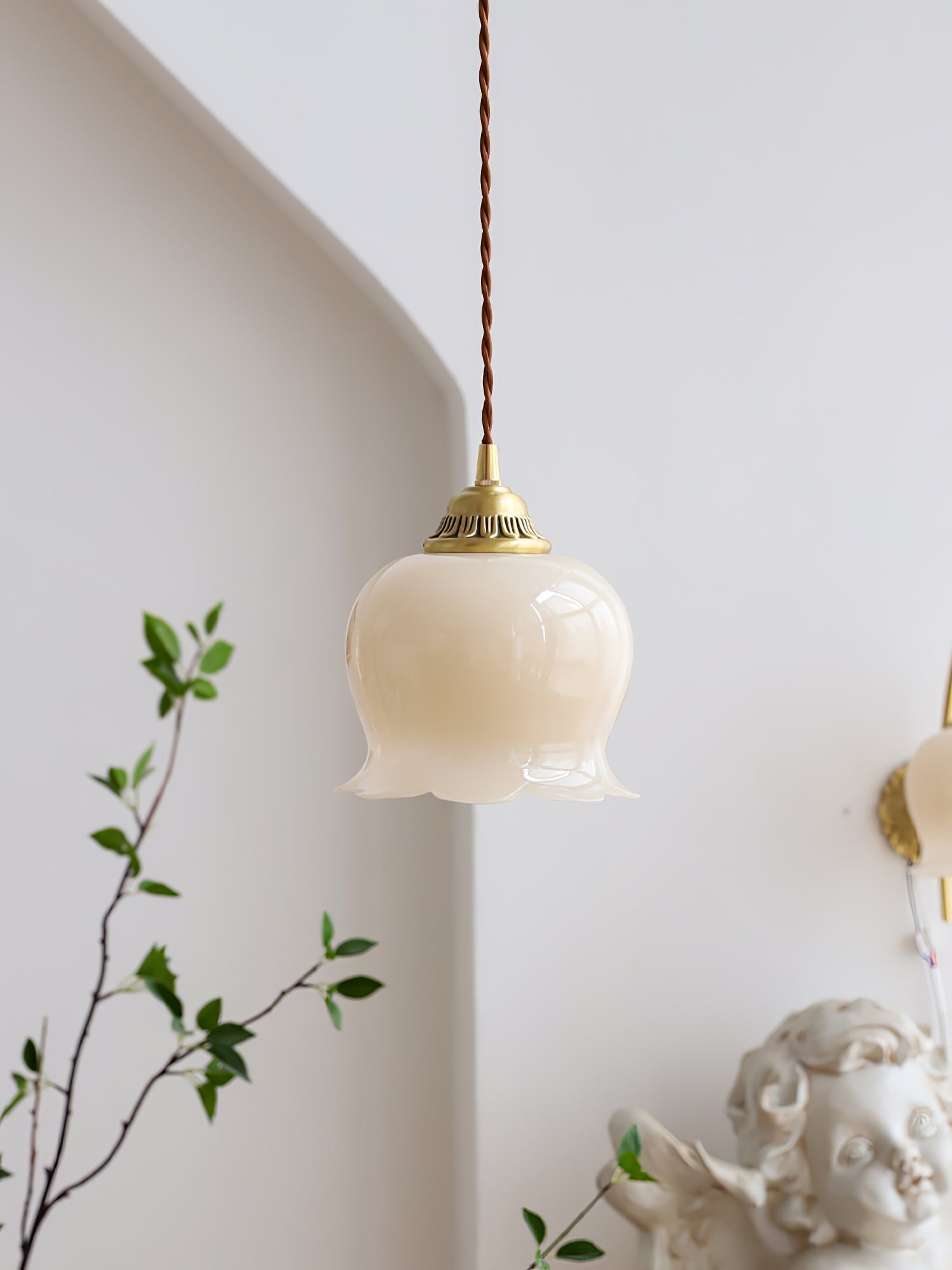 Vintage Brass Petal Glass Pendant Light Fixture