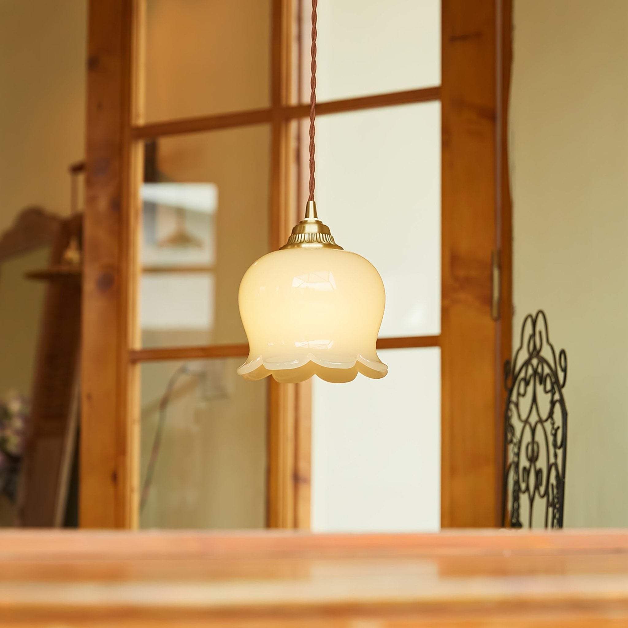 Vintage Brass Petal Glass Pendant Light Fixture