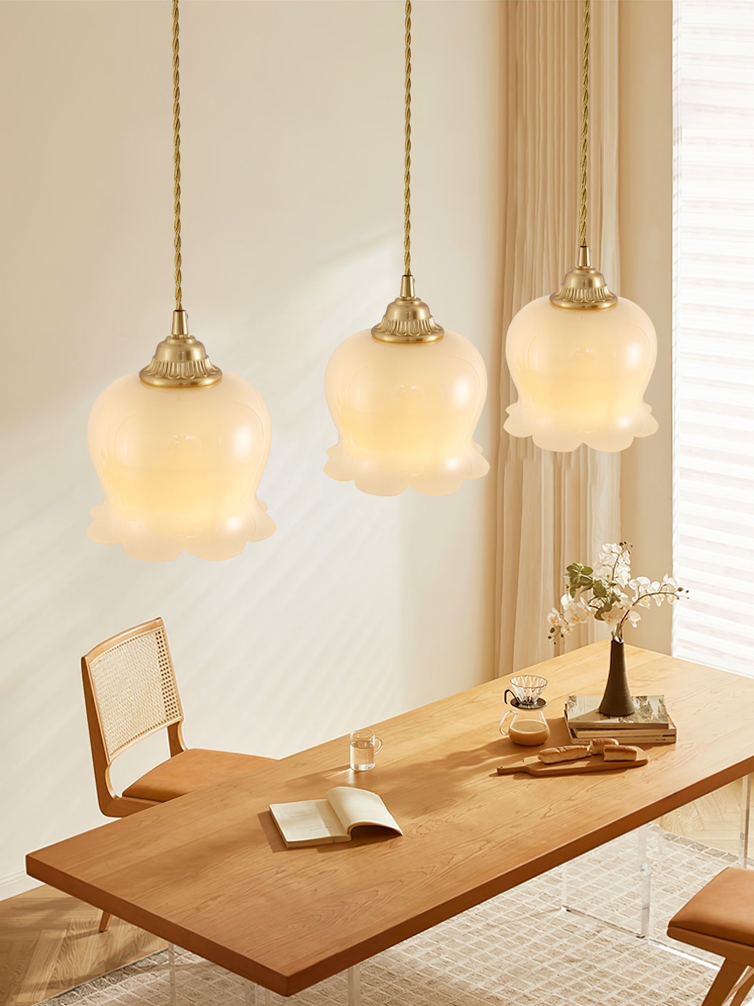 Vintage Brass Petal Glass Pendant Light Fixture