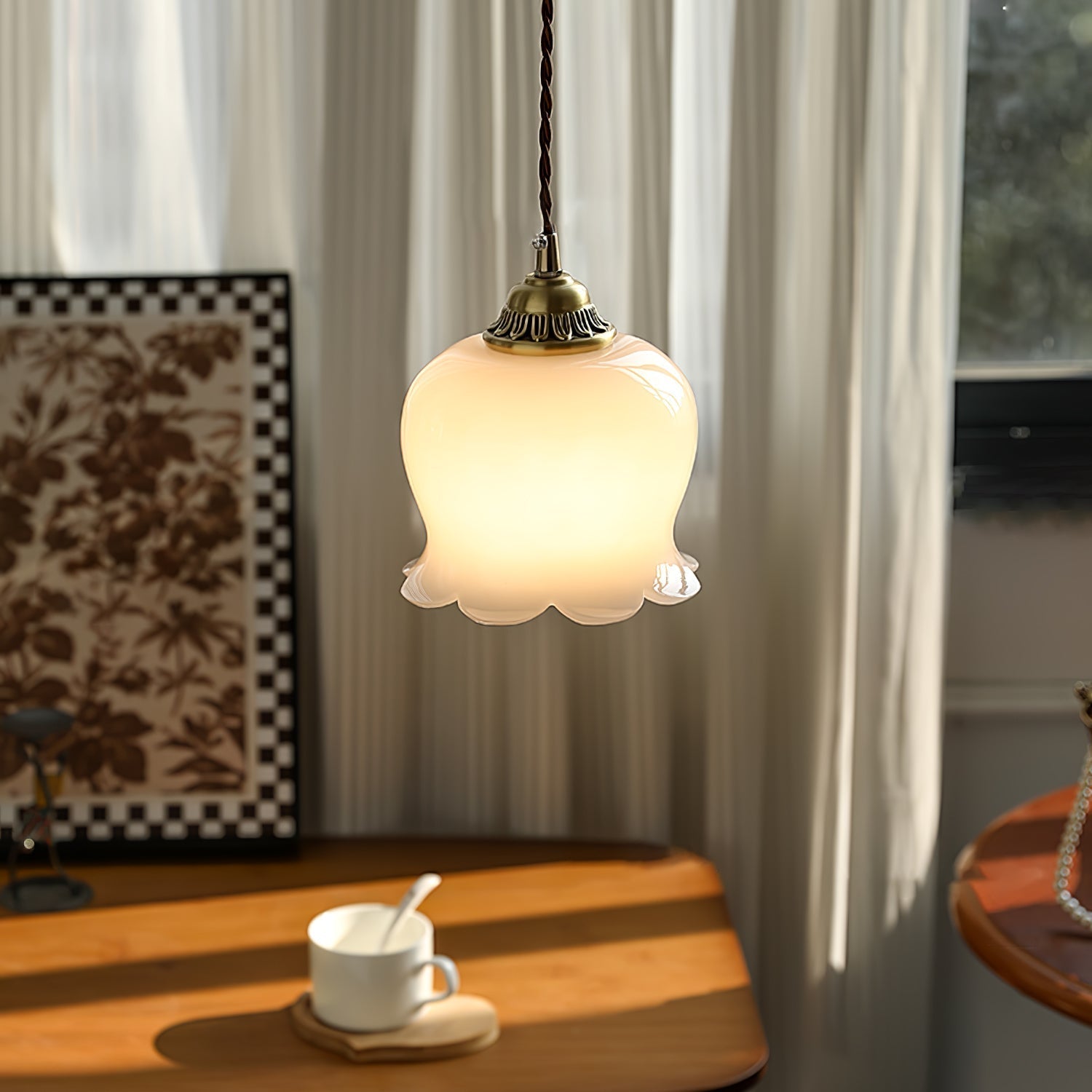 Vintage Brass Petal Glass Pendant Light Fixture
