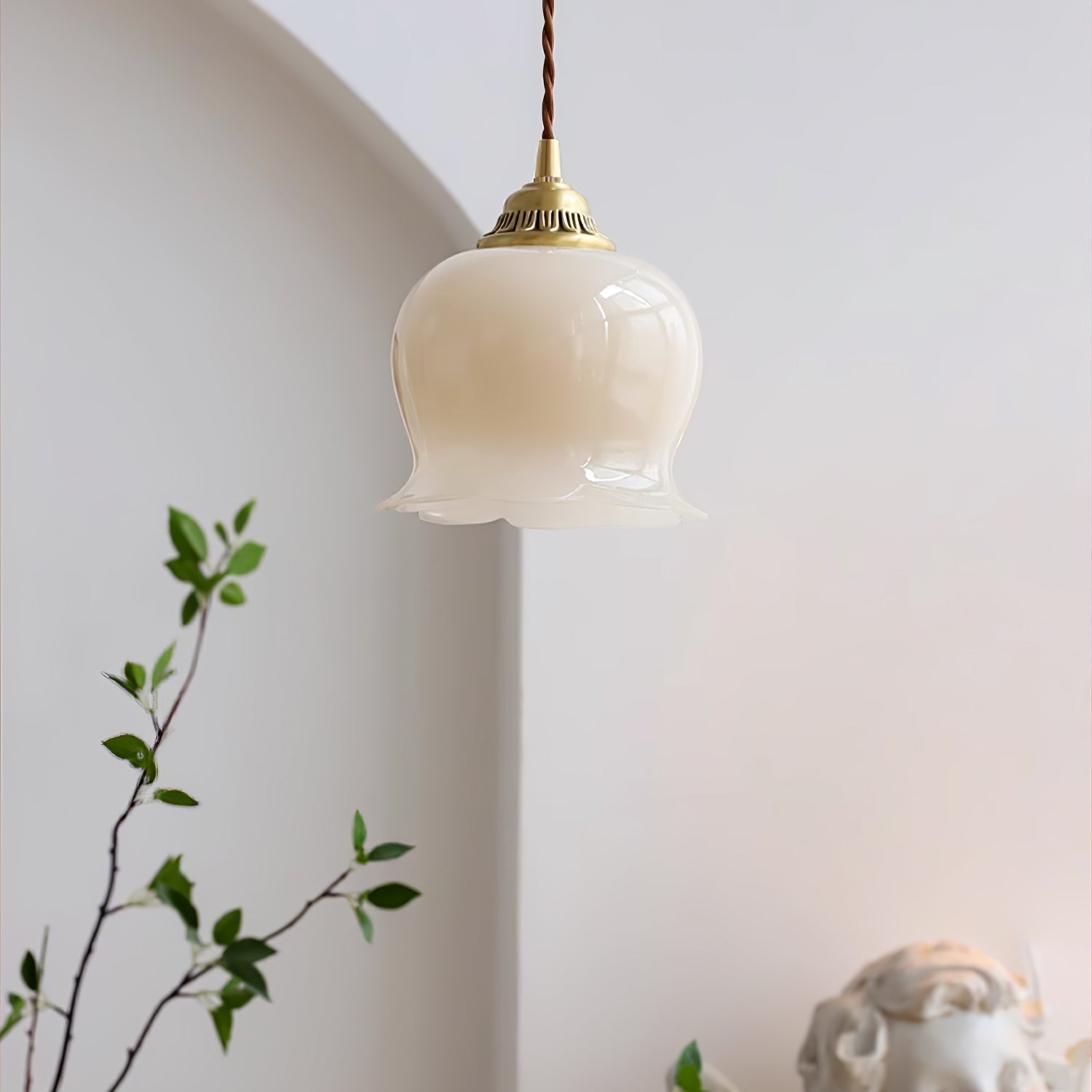 Vintage Brass Petal Glass Pendant Light Fixture