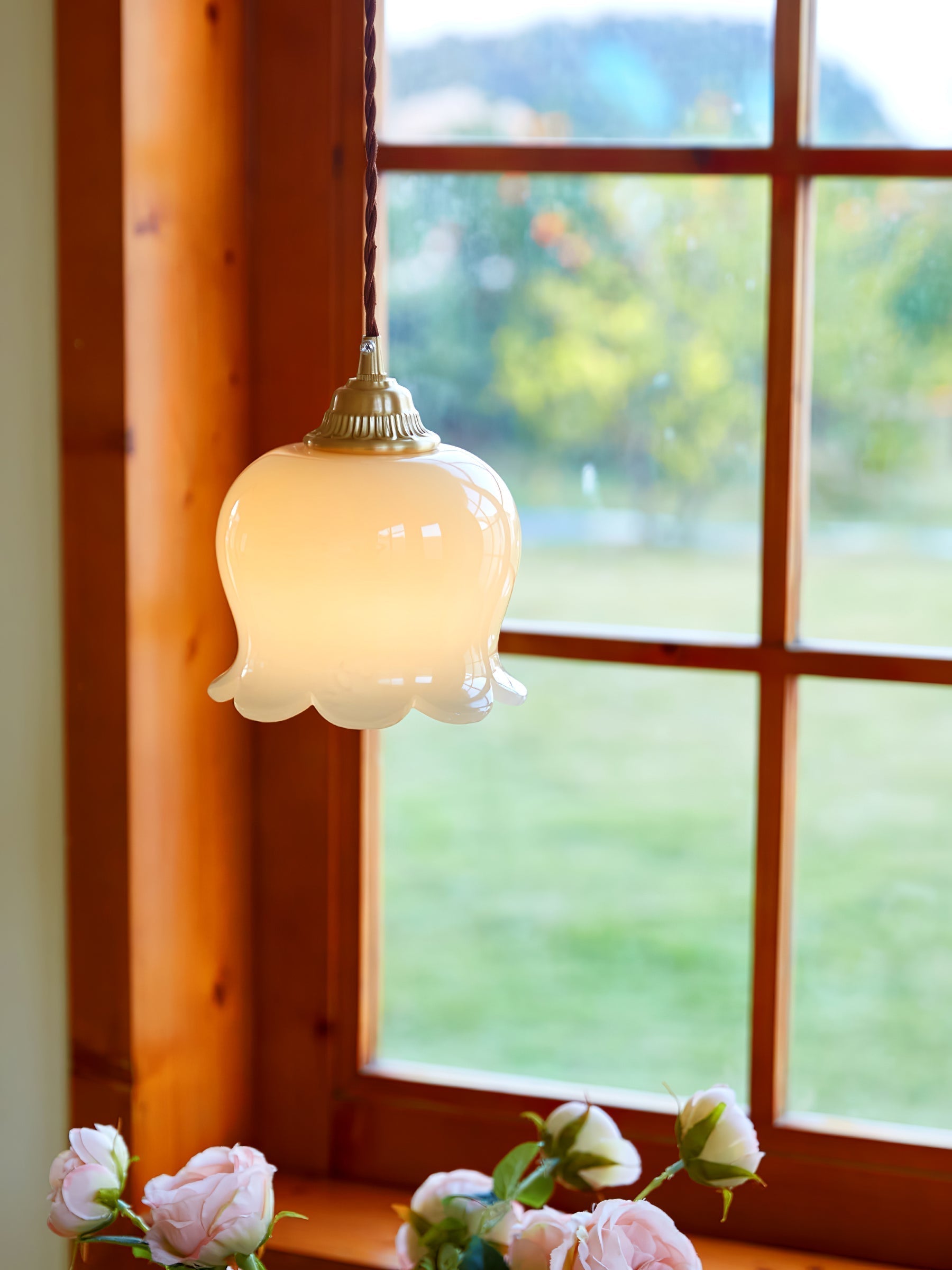 Vintage Brass Petal Glass Pendant Light Fixture