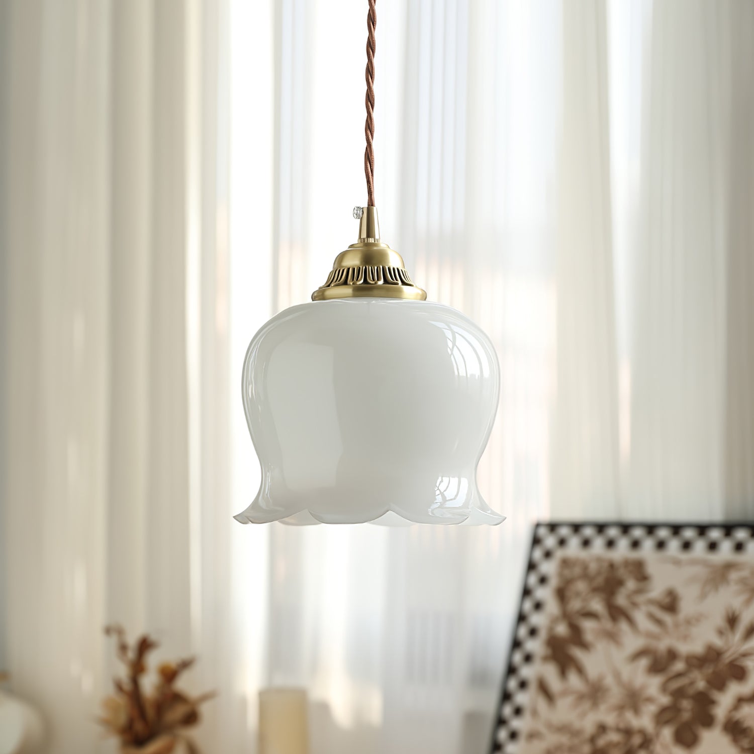 Vintage Brass Petal Glass Pendant Light Fixture