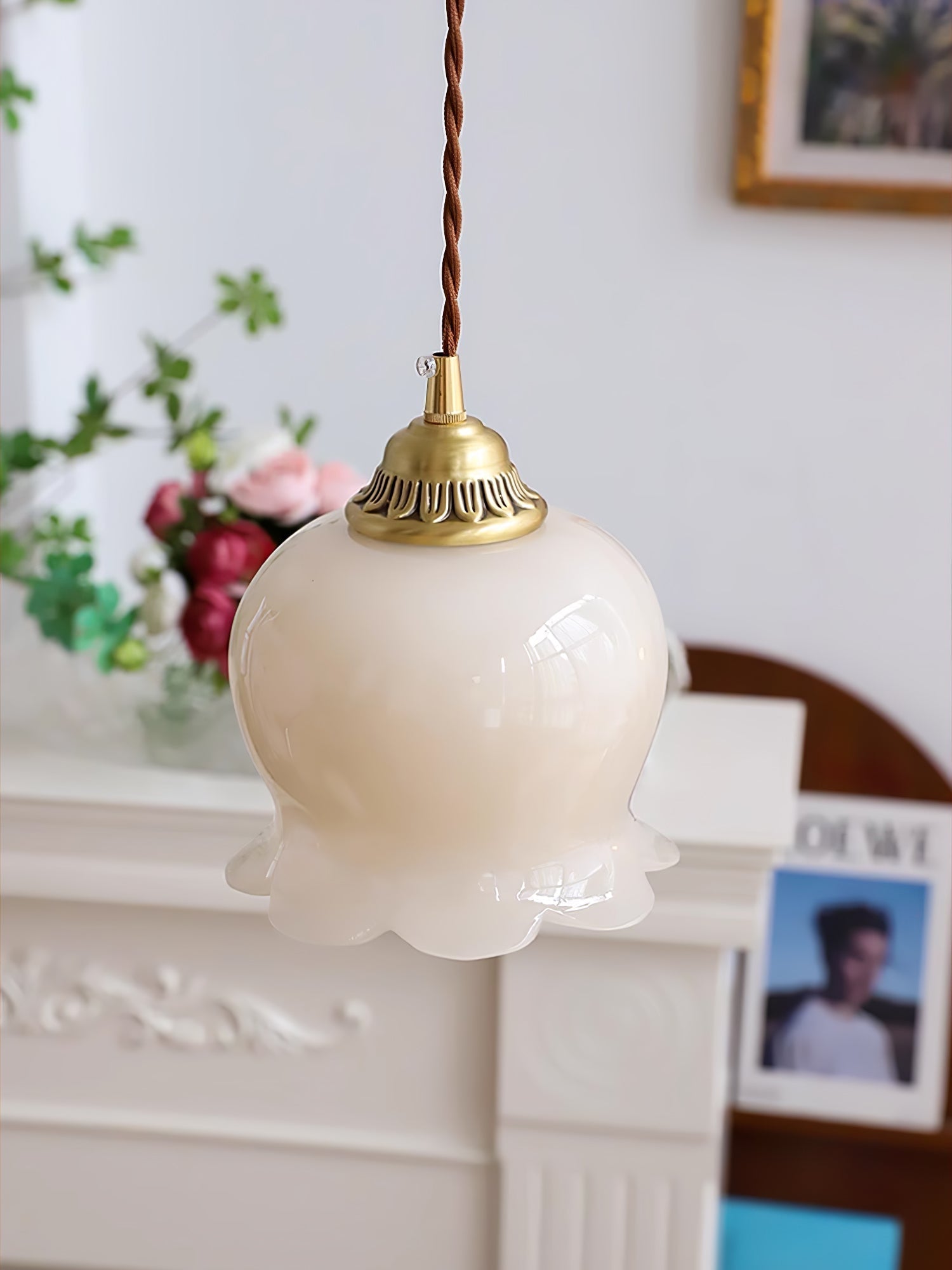 Vintage Brass Petal Glass Pendant Light Fixture
