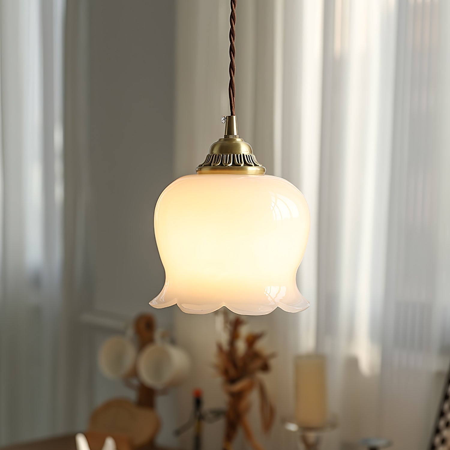 Vintage Brass Petal Glass Pendant Light Fixture