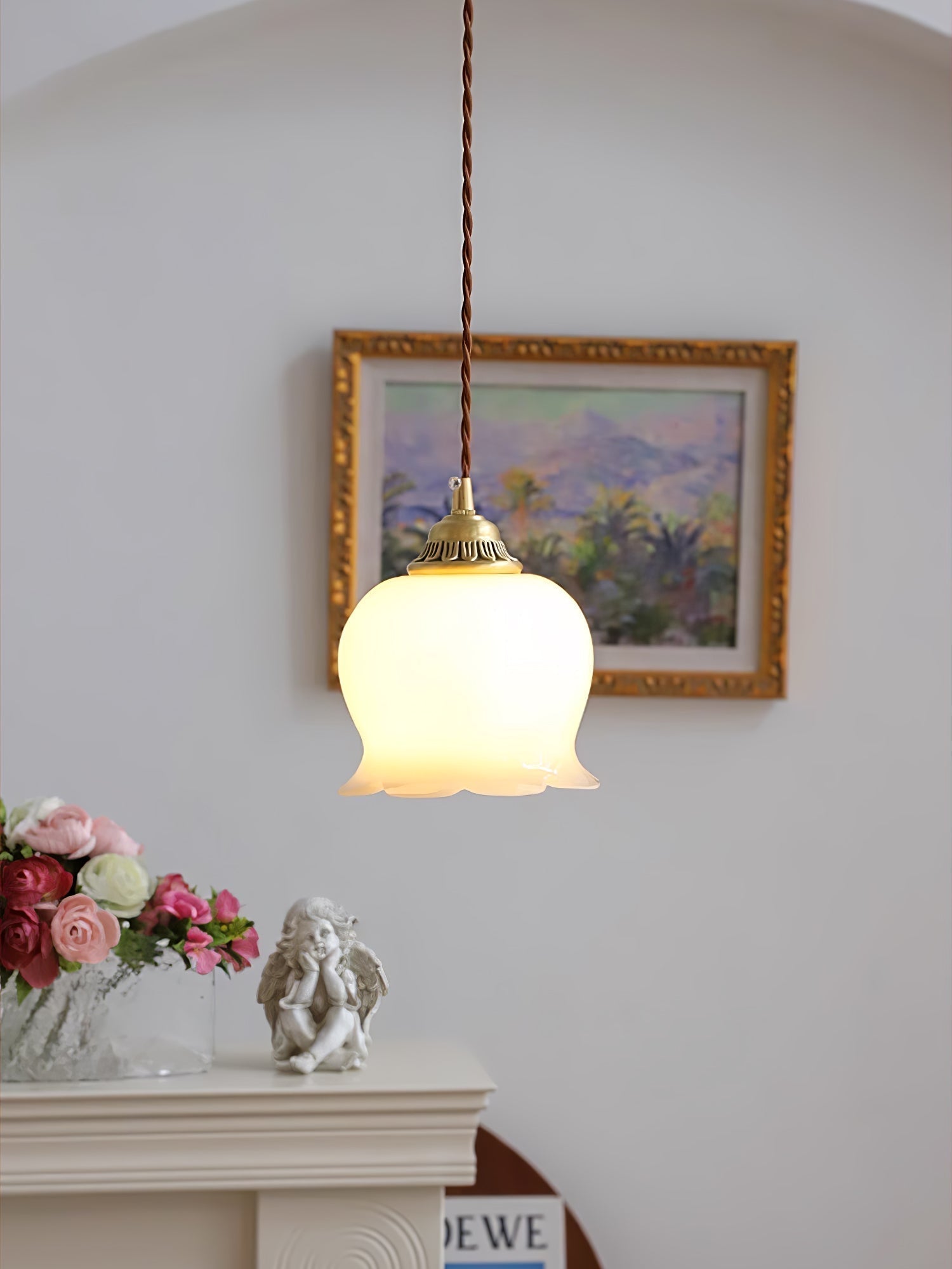 Vintage Brass Petal Glass Pendant Light Fixture