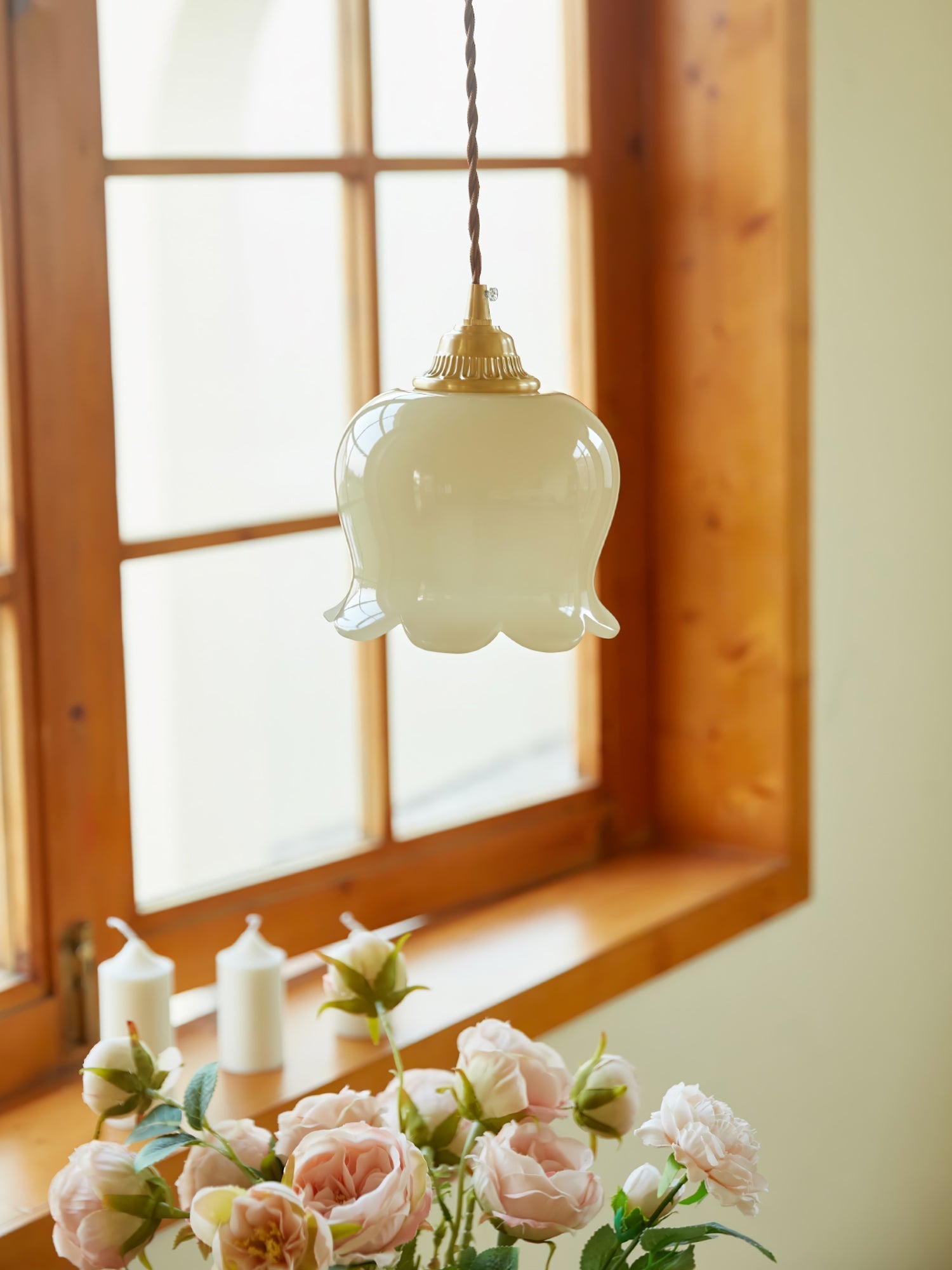 Vintage Brass Petal Glass Pendant Light Fixture