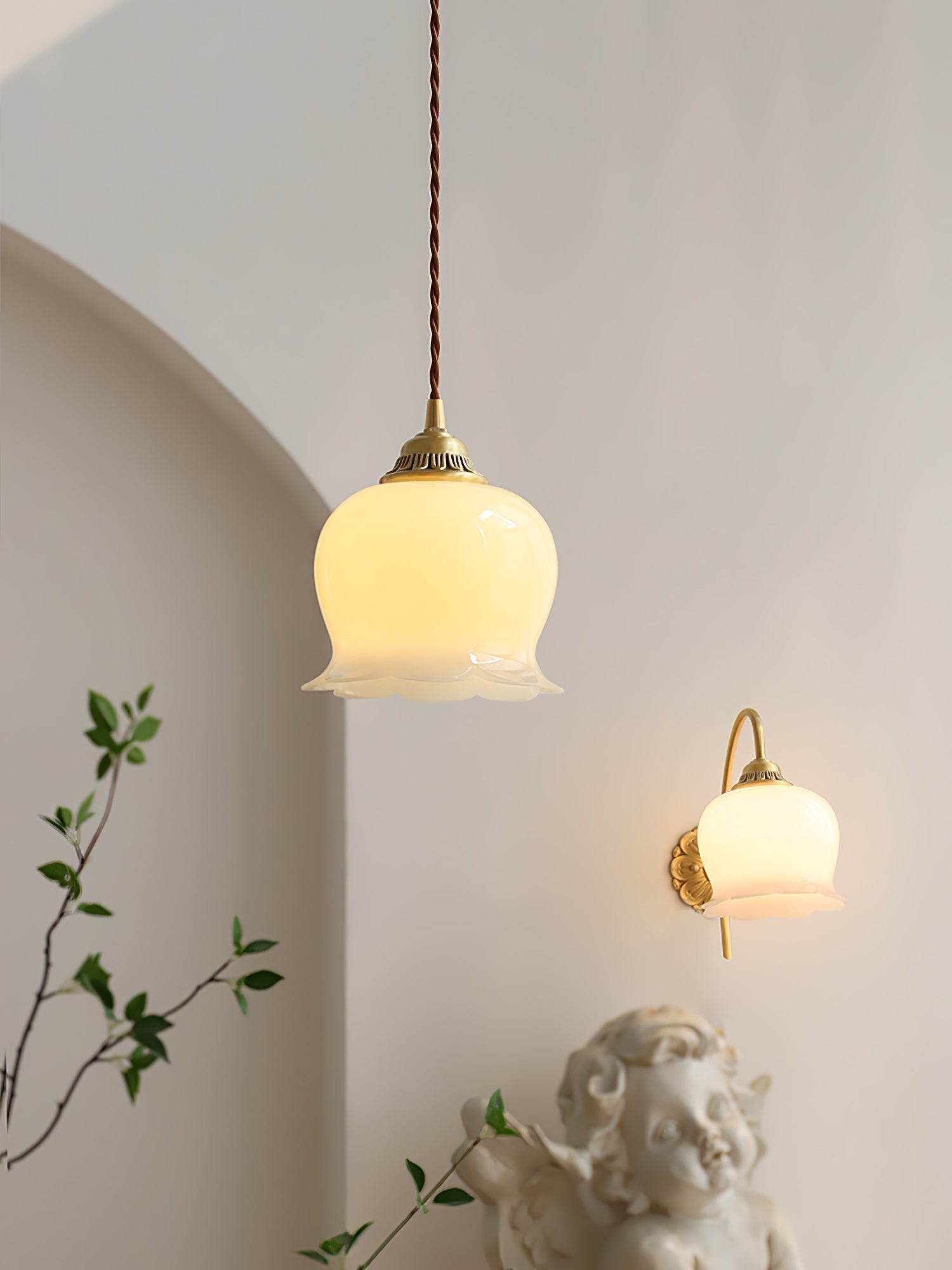 Vintage Brass Petal Glass Pendant Light Fixture