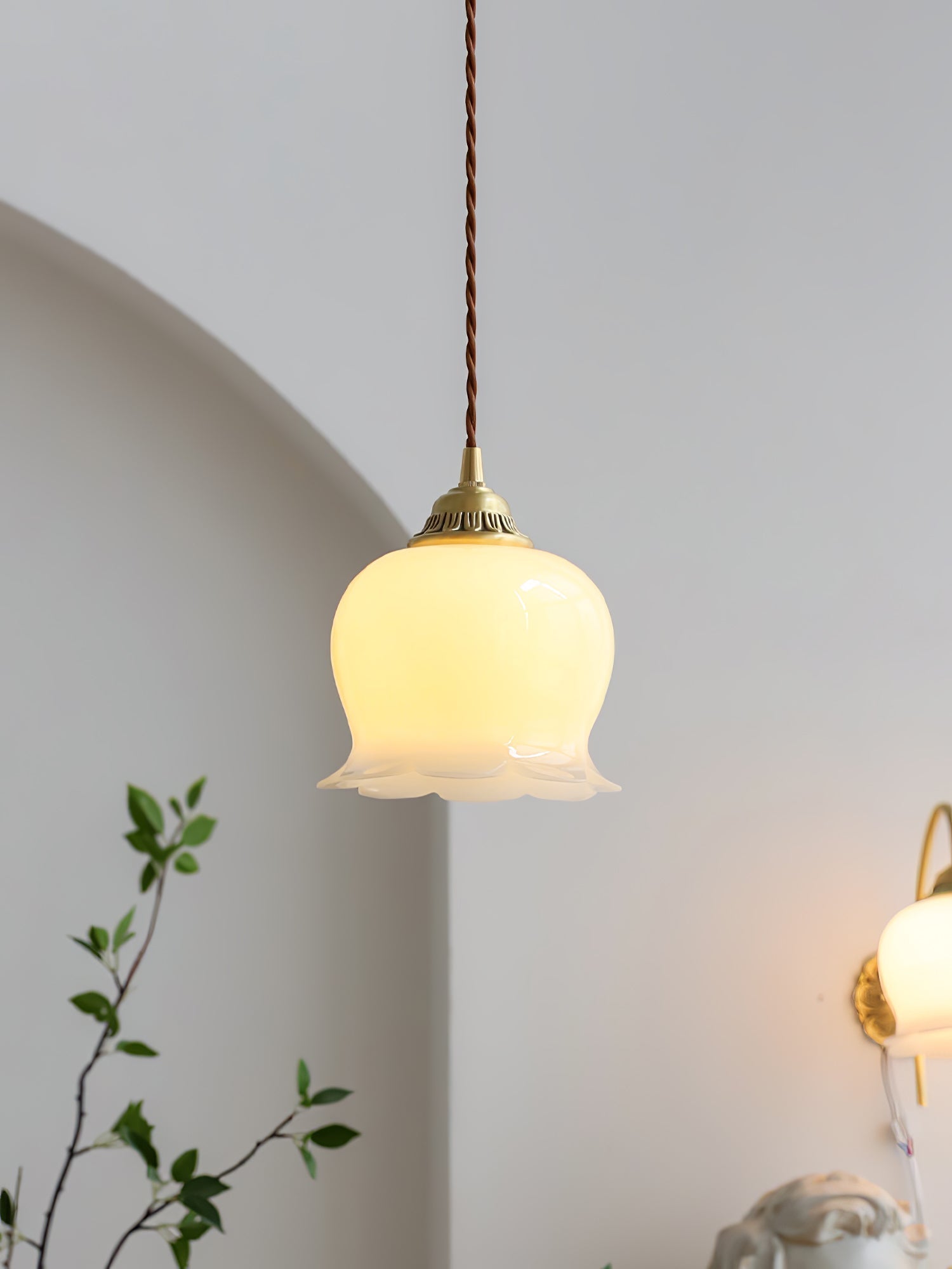 Vintage Brass Petal Glass Pendant Light Fixture