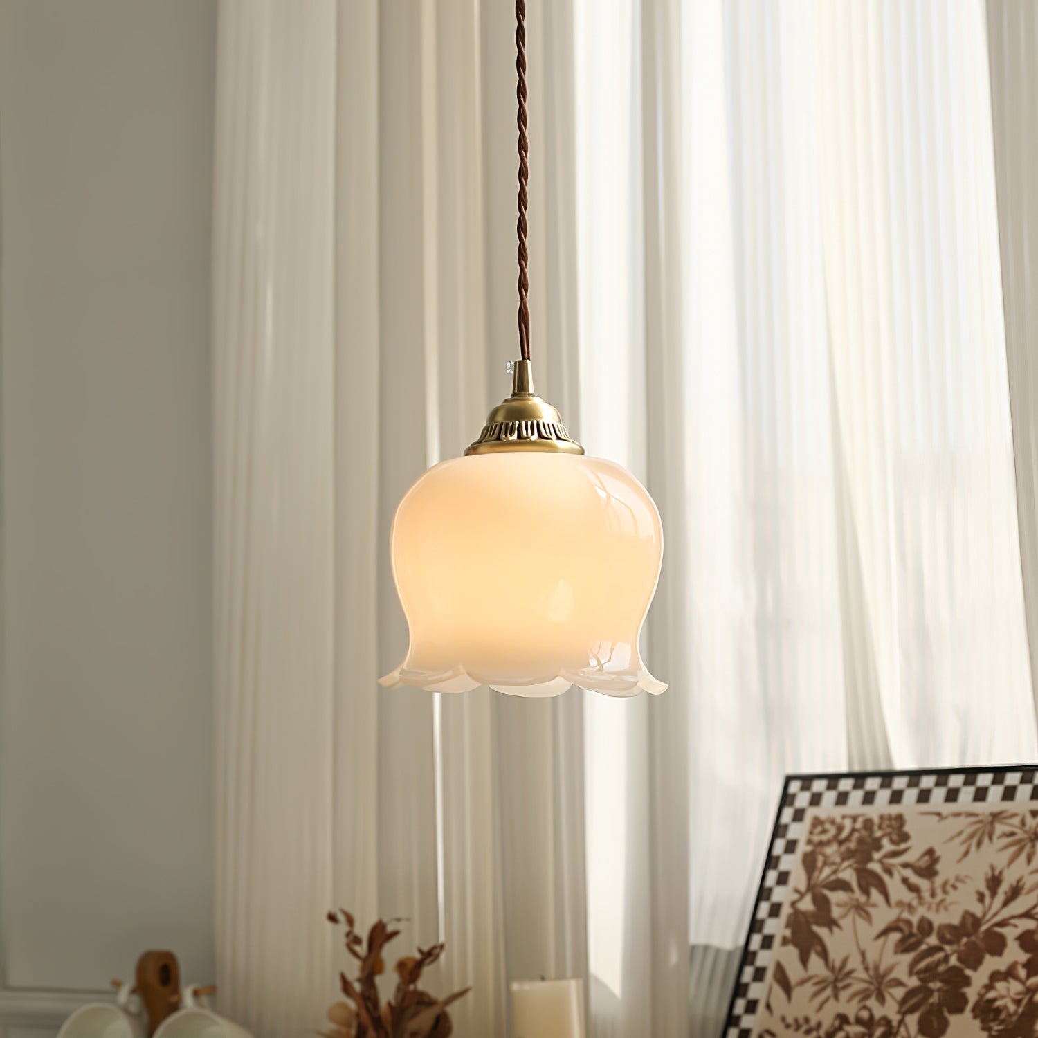 Vintage Brass Petal Glass Pendant Light Fixture