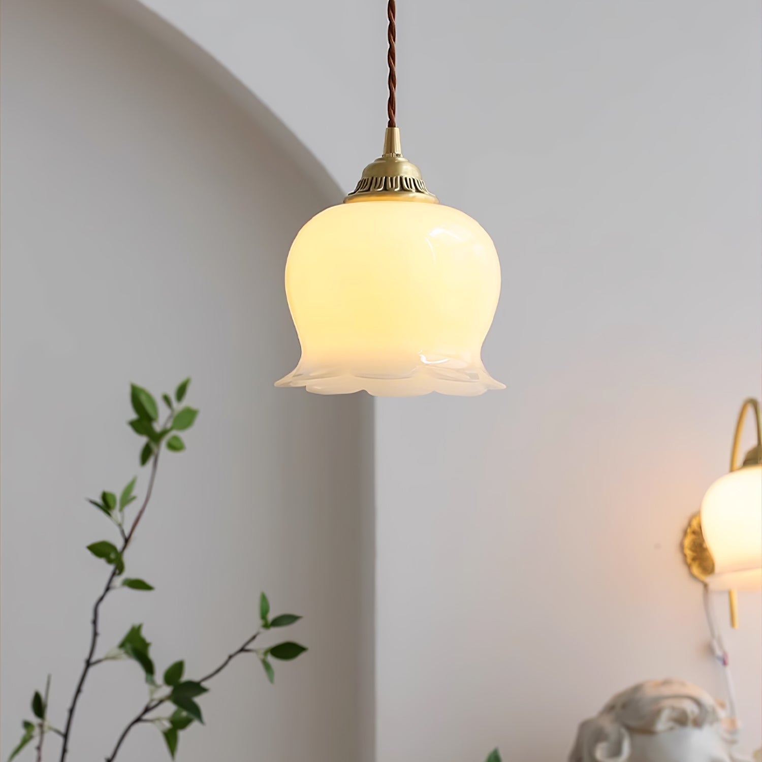 Vintage Brass Petal Glass Pendant Light Fixture