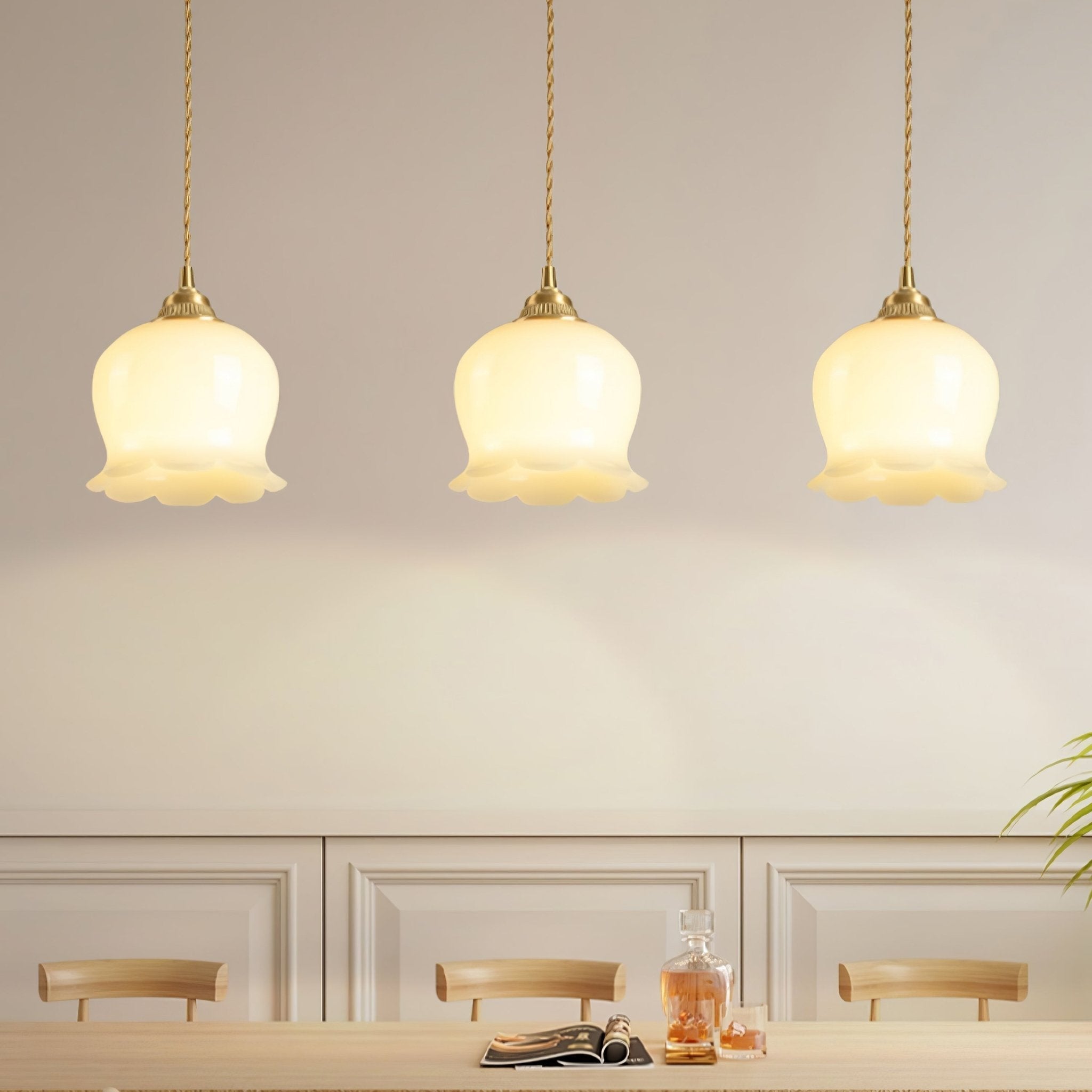 Vintage Brass Petal Glass Pendant Light Fixture