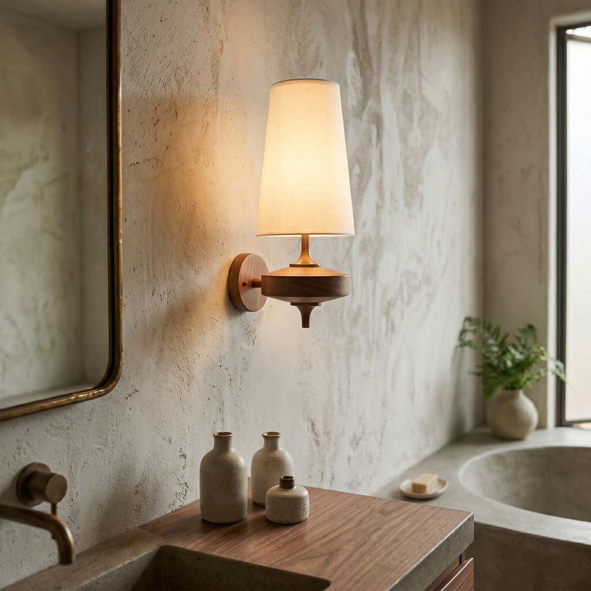 Walnut Double Wall Sconce with Fabric Shades
