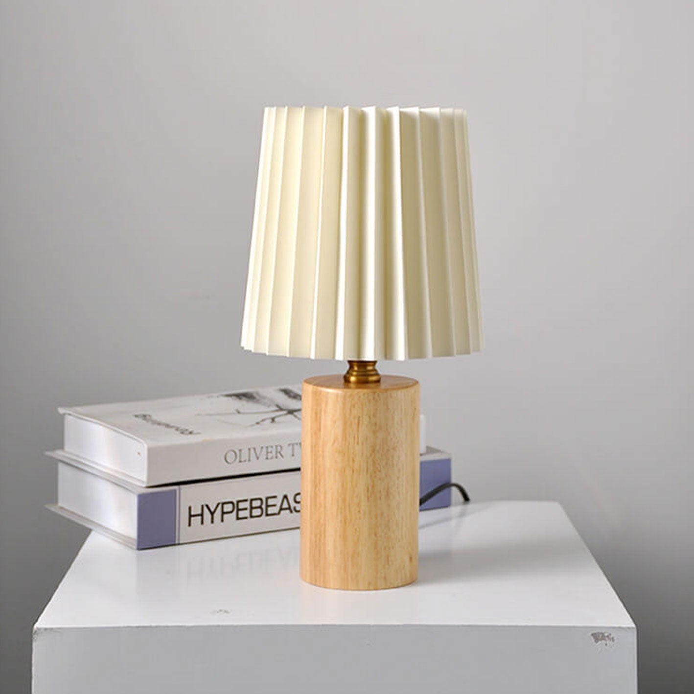 Walnut Table Lamp with Pleated Fabric Shade