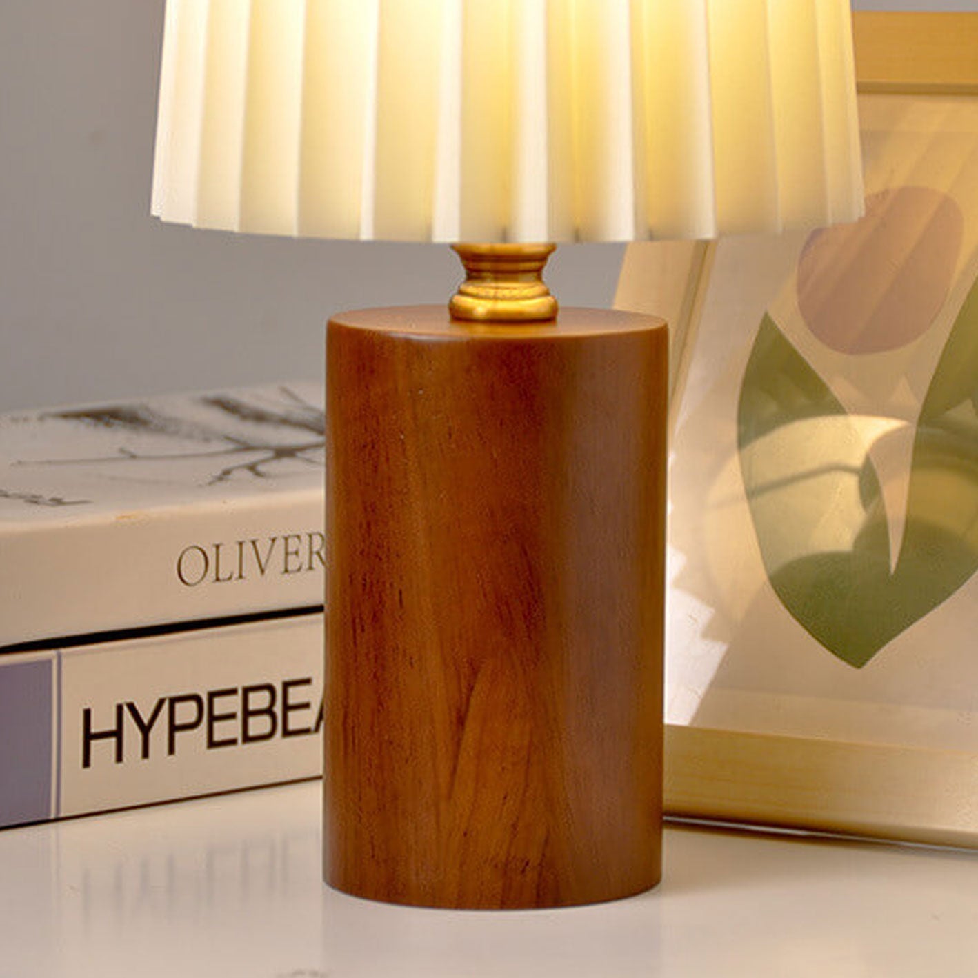 Walnut Table Lamp with Pleated Fabric Shade