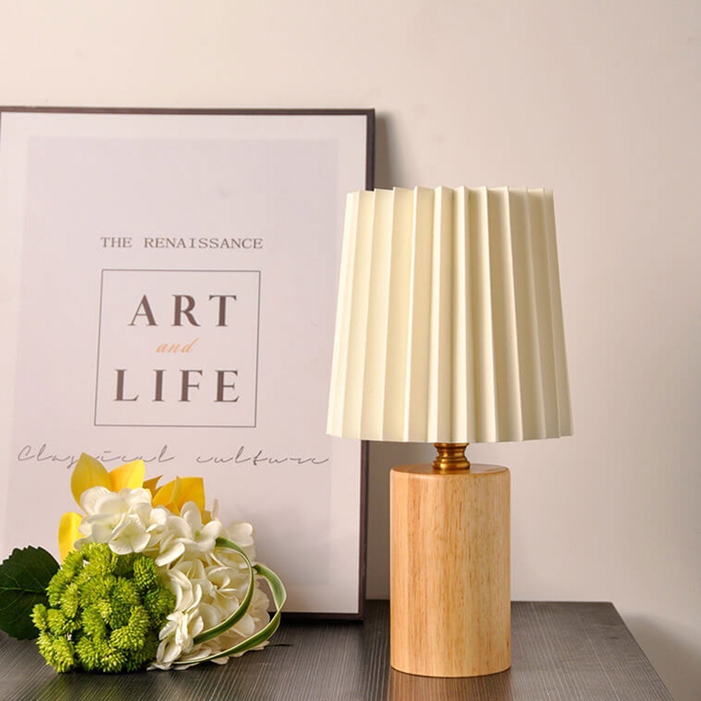 Walnut Table Lamp with Pleated Fabric Shade