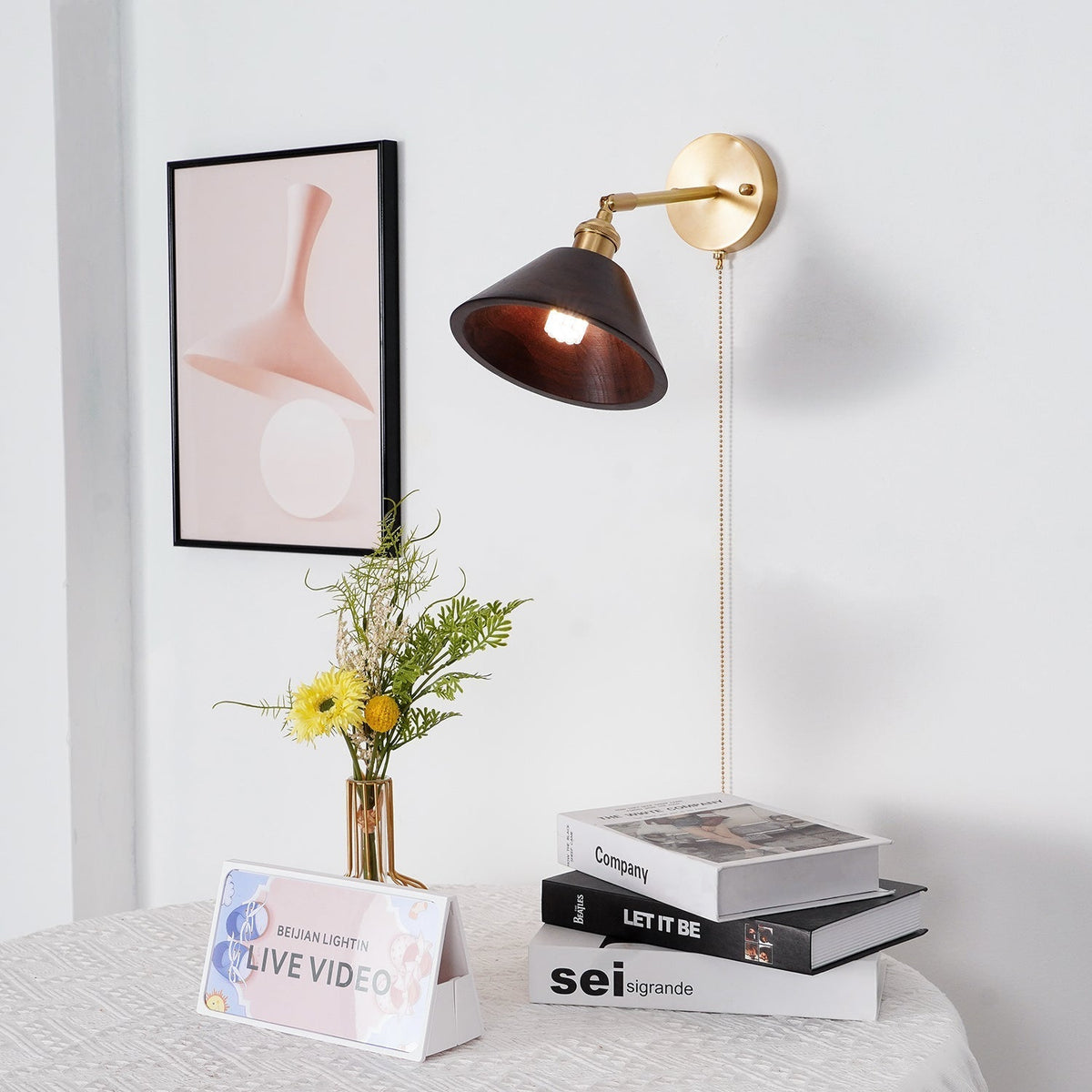 Walnut Wood Dome Sconce with Brass Arm