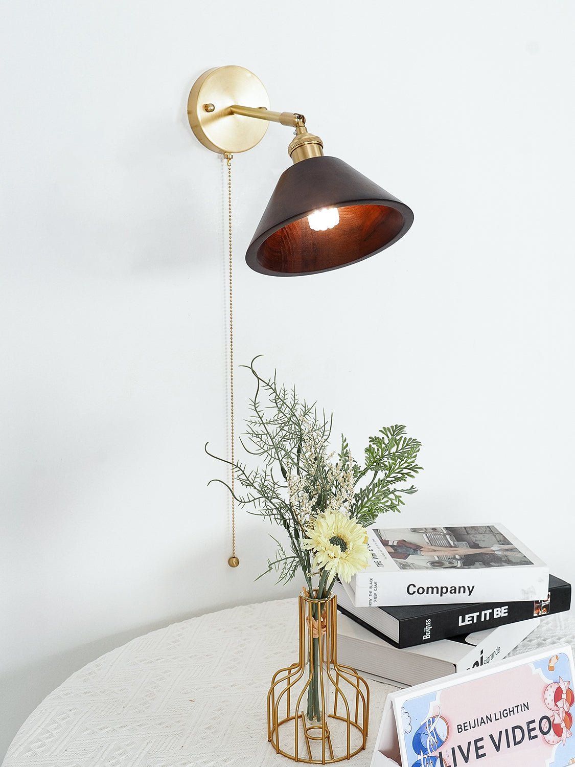 Walnut Wood Dome Sconce with Brass Arm