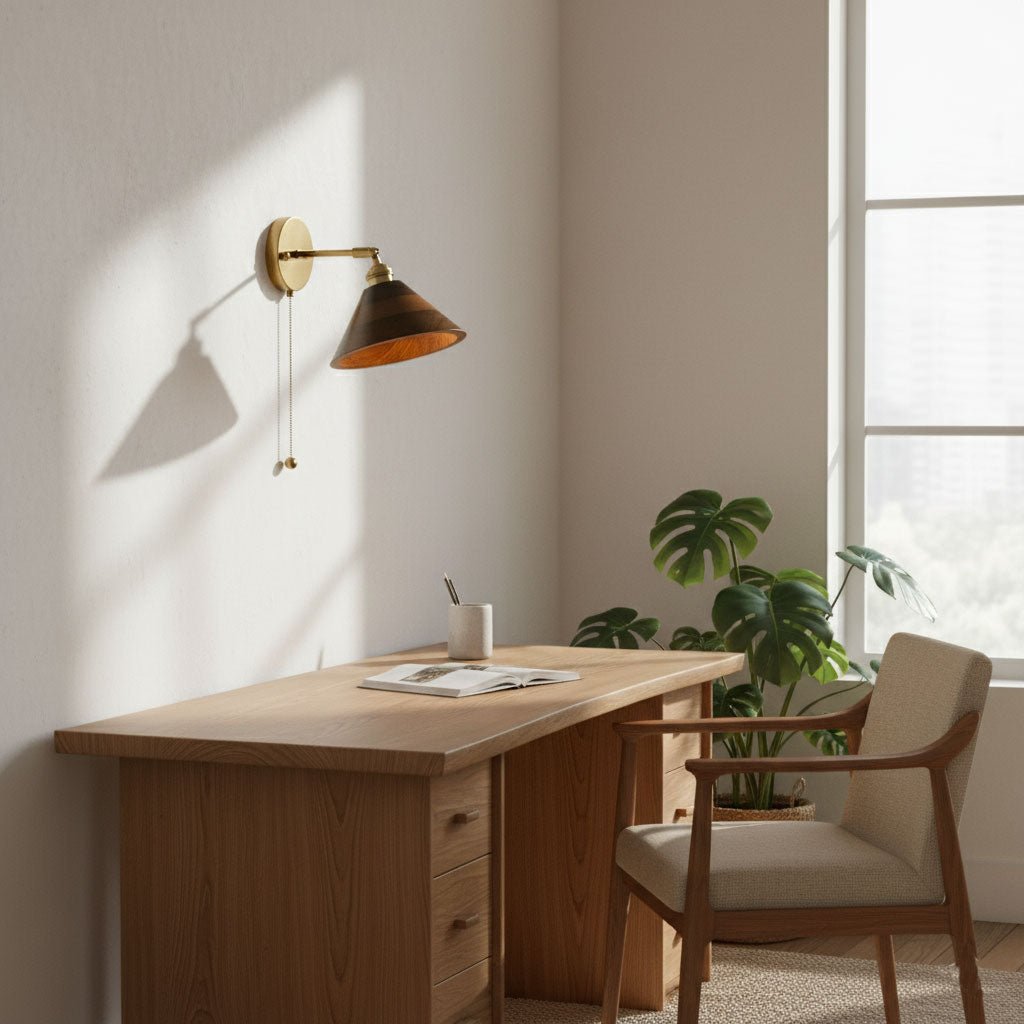 Walnut Wood Dome Sconce with Brass Arm